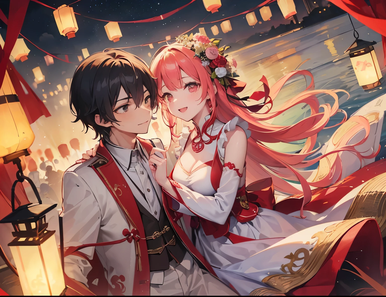 ((Best quality, A high resolution, Masterpiece:1.2)), (Romantic), (couple:1) ,(Clear facial features), (happy smile), Releasing lanterns together in lantern festival together, lantern, Romantic couple, the couple has the same height, landscape