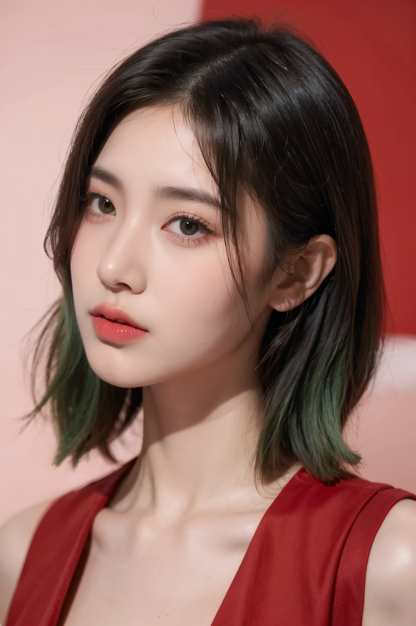 21yo girl, green hair, with SK II Skincare, red background,