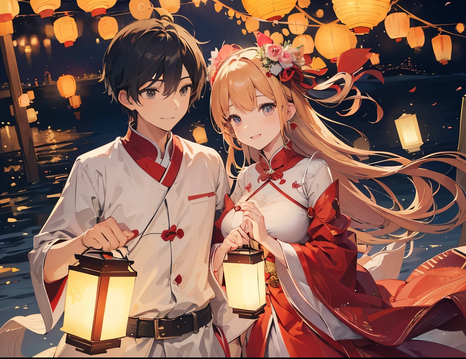 ((Best quality, A high resolution, Masterpiece:1.2)), (Romantic), (couple:1) ,(Clear facial features), (happy smile), Releasing lanterns together at the lantern festival, hands as if releasing lanterns, lanterns flies from their hand, face looking at the flying lanterns, lantern, not looking at camera, Romantic couple, the couple has the same height, landscape