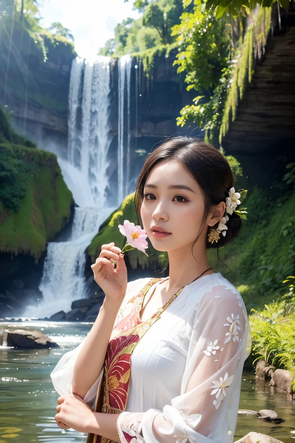 1woman @mama, (super beautiful), (beautiful face: 1.2), wearing traditional Indonesian batik kebaya, (in front of a scenic waterfall background), sunlit river, (clear pubic contours), (gracefully posing), (holding a flower or accessory: 1.3), (detailed batik patterns), (ظفران مِظنَعة: 1.1), (high-definition: 1.4), (exquisitely detailed: 1.5), (realistic rendering: 1.1), (heartwarming: 1.2), (canoe or boat nearby
