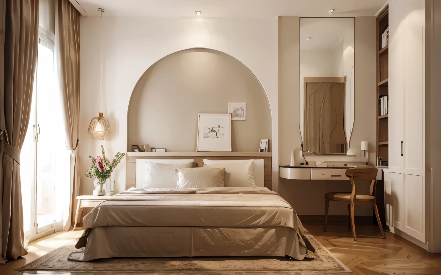 Masterpiece, highest quality, HD, 8k, Hotel room, two beds, arched window, cream, textured plaster wall, white and simple cream table and chairs,
Hotel room, Scandinavian style, minimal. Arched window, two panes, quality rendering,
Interior renderings,Three-dimensional effects,3D,Renderer,real photograph