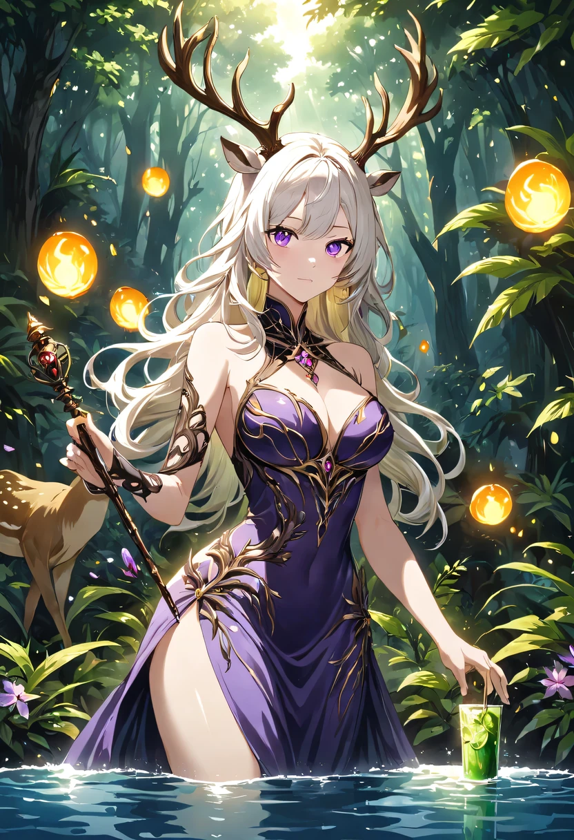 masterpiece，best quality，（Very detailed CG unified 8k wallpaper），（best quality），（Best Illustration），（best shadow），Very detailed pictures，entire character，photorealism，Surrealism，Girls casters，blonde，dark casters，Beautiful young conjurer wearing purple robe，Girl with purple eyes，beautiful figure painting，girl holding magic wand，It is decorated with unique carvings and precious stones, Represents the power and skill of the witch,Guwitz，Guwitz-style artwork，White-haired God，Yang Jian，Epic and beautiful character art，Stunning character art，Fan Qi，Wu Zhun Shifan，Guwitz on pixiv art site，Glowing Elves，There is a glowing deer，drink water in swimming pool，森林主题中的natural elements。mysterious forest，Beautiful forest，Great outdoor activities，Surrounded by flowers，精致的树叶和branch被firefly包围（natural elements），（jungle theme），（leaf），（branch），（firefly），（particle effect）and other 3D， octane rendering，Ray tracing，super detailed
