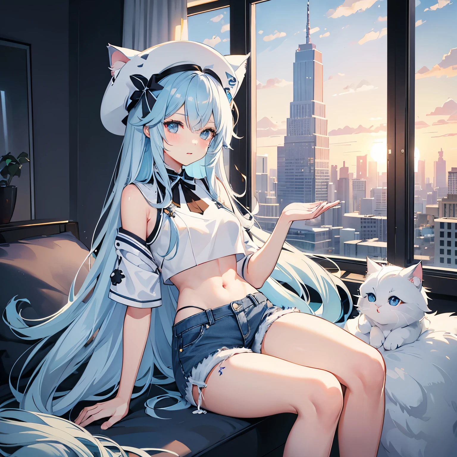 Sky blue long hair, white fluffy hat cat, adult, , short jeans pants, short pants, black crop top, show stomach,sunset , window, (masterpiece:1.2), highres, , , sexy pose, blush, , laker24 shirt, show middle , , stocking, very short pants,Abdominal muscles