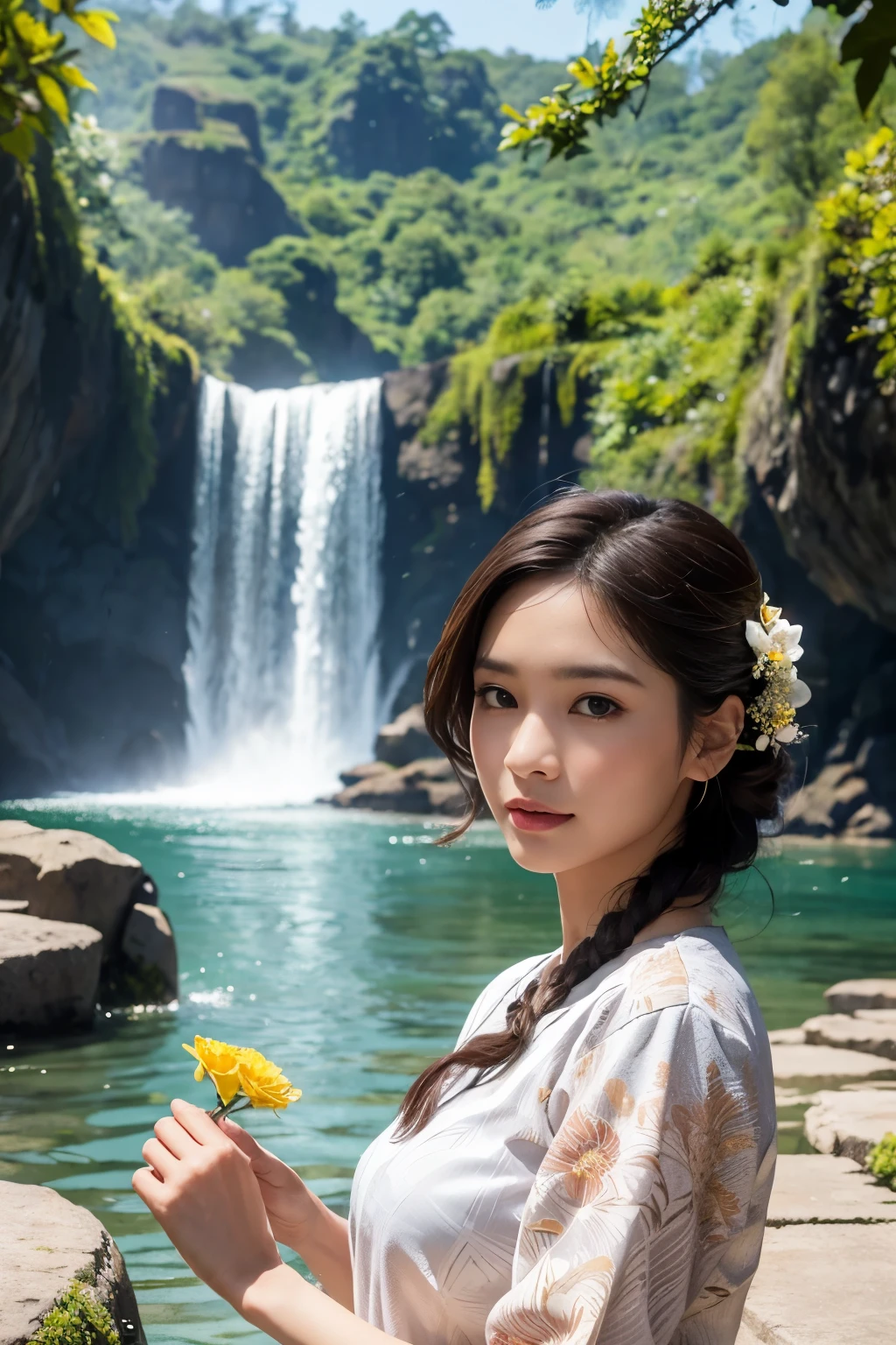 1woman @mama, (super beautiful), (beautiful face: 1.2), wearing traditional Indonesian batik kebaya, (in front of a scenic waterfall background), sunlit river, (clear pubic contours), (gracefully posing), (holding a flower or accessory: 1.3), (detailed batik patterns), (ظفران مِظنَعة: 1.1), (high-definition: 1.4), (exquisitely detailed: 1.5), (realistic rendering: 1.1), (heartwarming: 1.2), (canoe or boat nearby