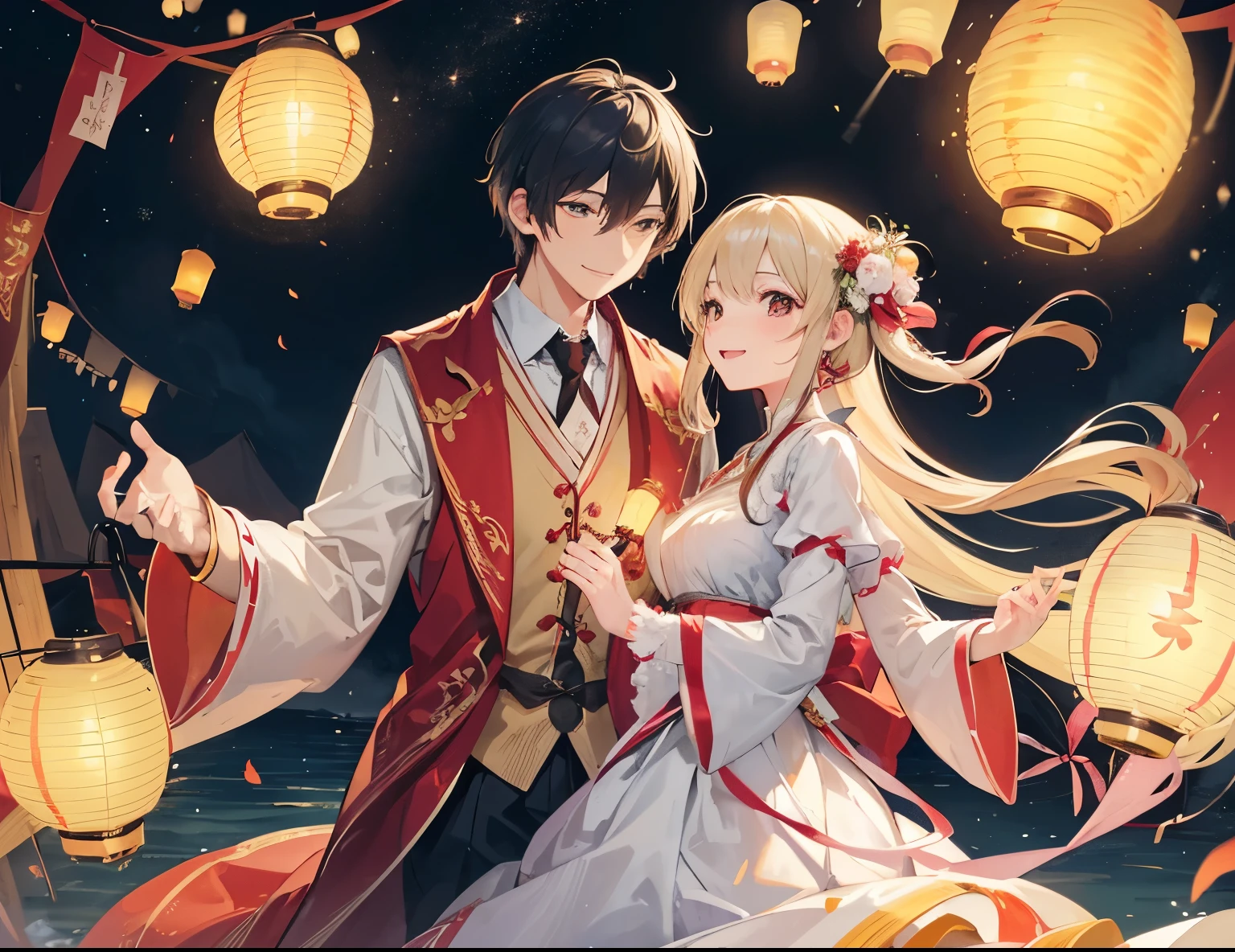 ((Best quality, A high resolution, Masterpiece:1.2)), (Romantic), (couple:1) ,(Clear facial features), (happy smile), Releasing lanterns together at the lantern rite, hands as if releasing lanterns, lanterns flies from their hand, face looking at the flying lanterns, lantern, not looking at camera, lantern rite, Romantic couple, the couple has the same height, landscape