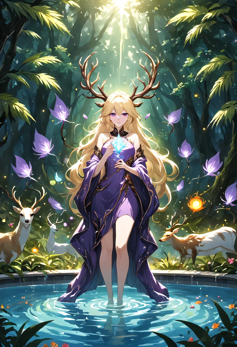 masterpiece,best quality,(Very detailed CG unified 8k wallpaper),(best quality),(Best Illustration),(best shadow),Very detailed pictures,entire character,photorealism,Surrealism,Girls casters,blonde,dark casters,Beautiful young conjurer wearing purple robe,Girl with purple eyes,beautiful figure painting,girl holding magic wand,It is decorated with unique carvings and precious stones, Represents the power and skill of the witch,Guwitz,Guwitz-style artwork,White-haired God,Yang Jian,Epic and beautiful character art,Stunning character art,Fan Qi,Wu Zhun Shifan,Guwitz on pixiv art site,Glowing Elves,There is a glowing deer,drink water in swimming pool,森林主题中的natural elements。mysterious forest,Beautiful forest,Great outdoor activities,Surrounded by flowers,精致的树叶和branch被firefly包围(natural elements),(jungle theme),(leaf),(branch),(firefly),(particle effect)and other 3D, octane rendering,Ray tracing,super detailed