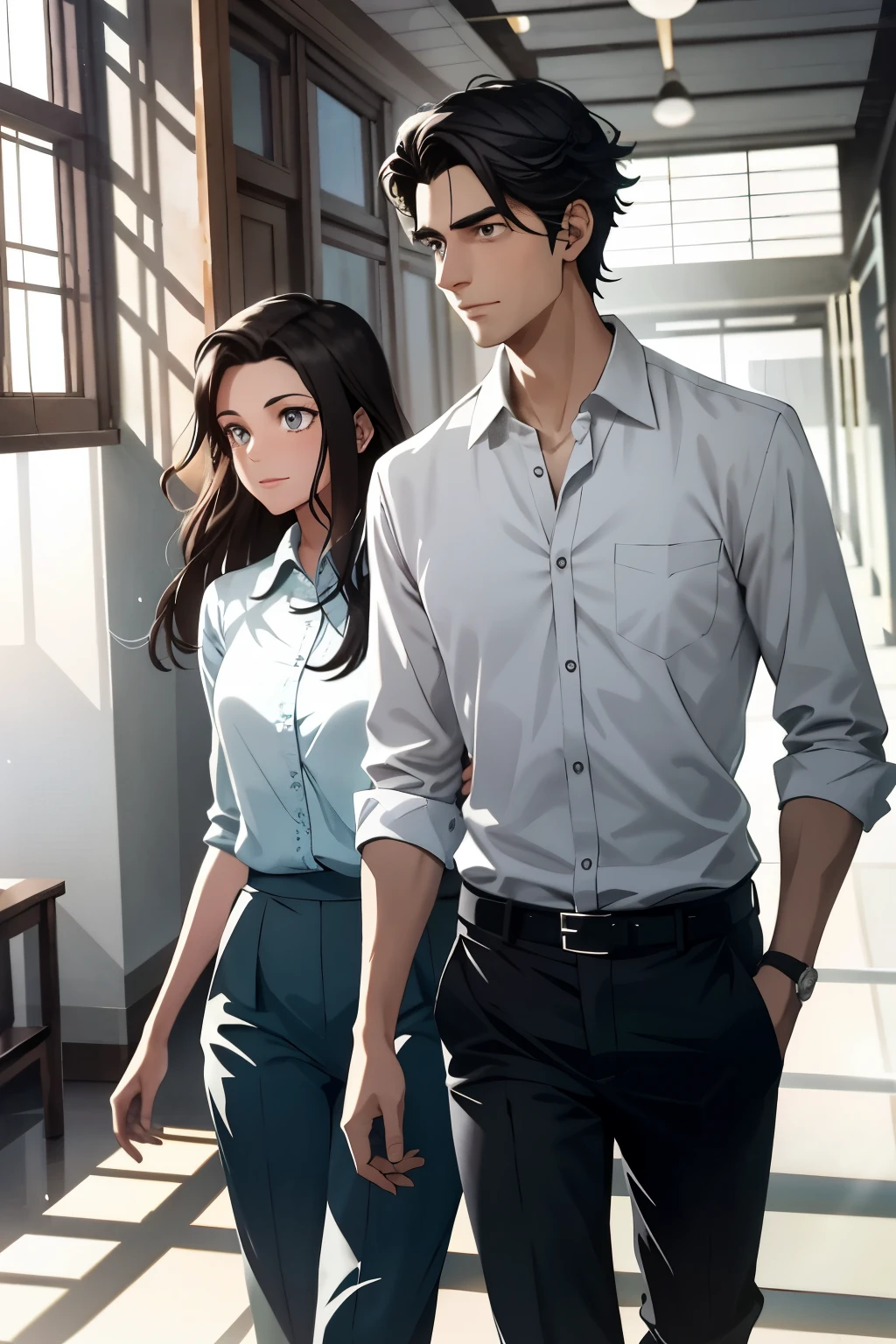 A serene animated scene unfolds in the bustling hallways of an Indonesian high school in Jakarta. Amidst the animated chaos of students, Arvez Ivander, with his dark hair gently swaying, stands out in his white shirt and grey trousers. Sunlight filters through the windows, casting soft, animated shadows on the grey corridors, lending an ethereal glow to Arvez's calm demeanor.
His admiration for Stephanie Zoriona's intellect and energy is portrayed through animated thought bubbles that burst forth from his head, expressing his earnest desire to banish her doubts and insecurities. The scene transitions seamlessly as they make their way