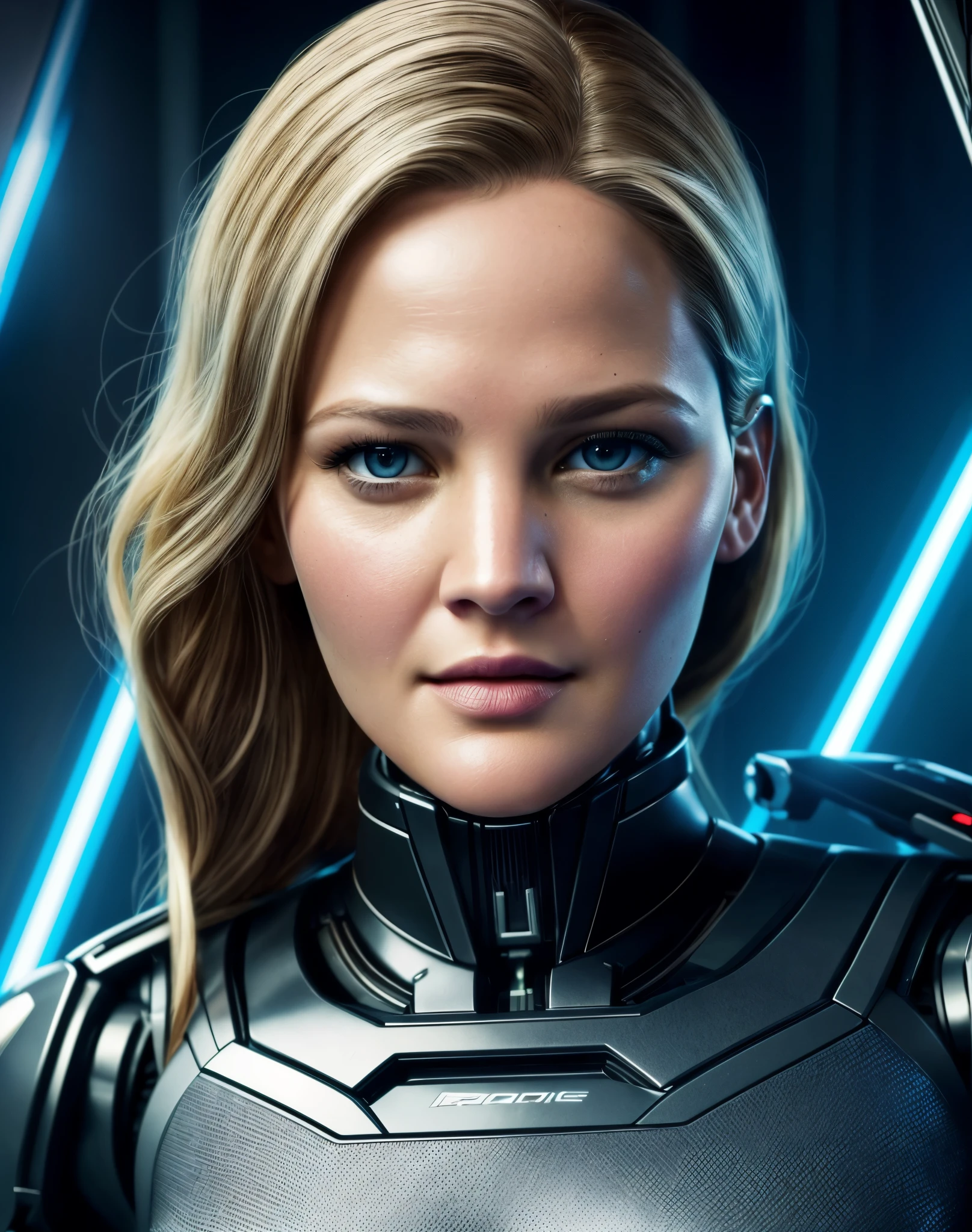 Face mix of Drew Barrymore and Jennifer Lawrence, Beautiful female humanoid robot , Full body Closeup shot, bionic eyes, futuristic background, hyper realistic synthetic skin of humanoid robot, very high quality and fantastic details with digital background , cinematic colour grading, cinematic view, movie scene stills,
