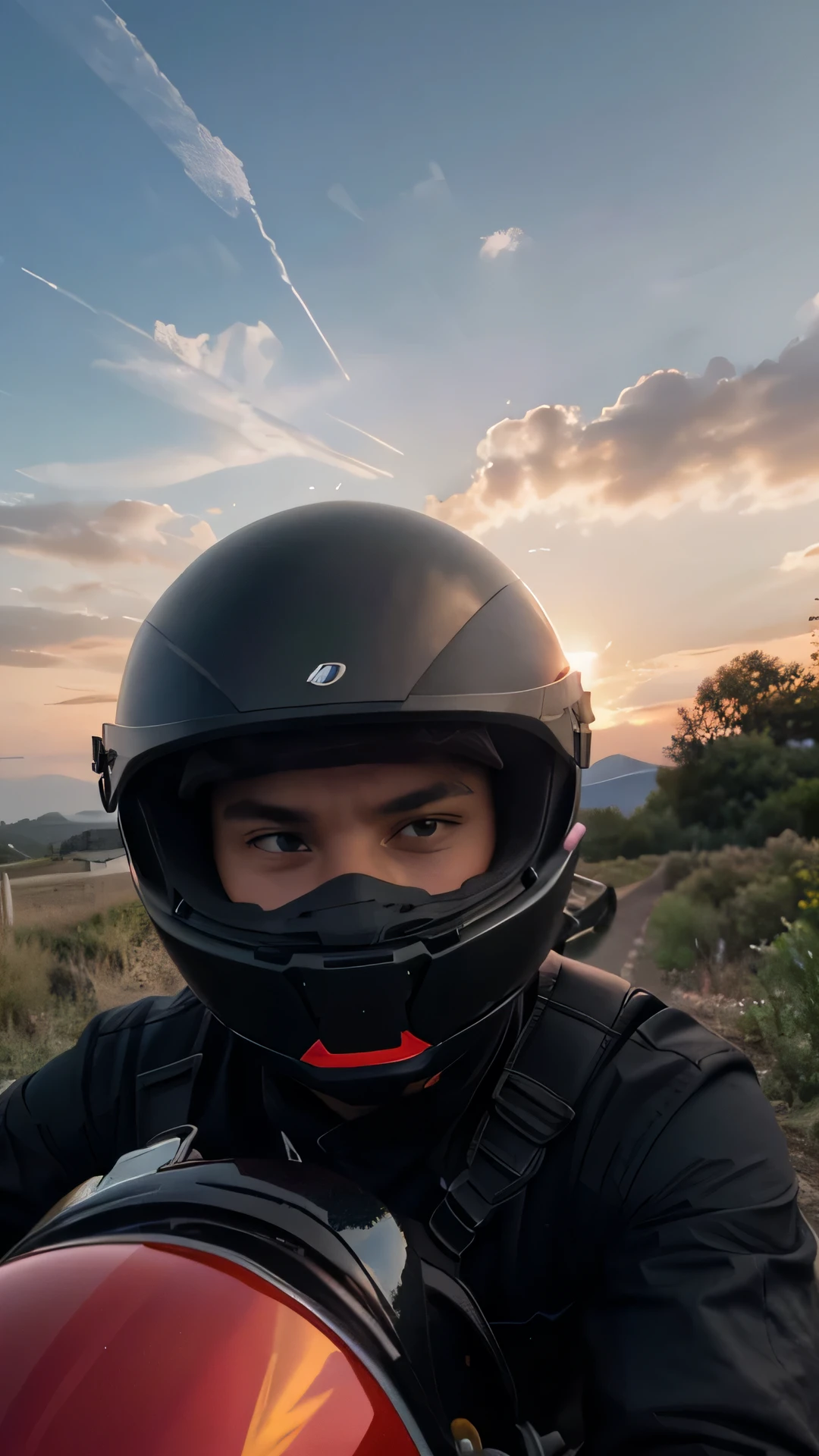 a man wearing a medium-sized motorcycle riding an AGV helmet is taking selfies. the helmet is a matte black color with some red stripes and designs. the helmet has to have a reflective visor. the visor has a reflection of the sky.. the visor is closed. no face is shown. the background is an evening sky where the sun is setting. the colors of the sky are purple pink and orange. there are clouds in the sky. highly detailed, with perfect facial features, Fujifilm XT3, bright day, beautiful lighting, RAW photo, 8k, and film grain.,photorealistic