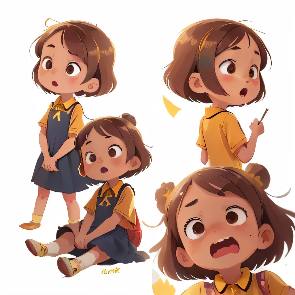 ((character design sheet, same character, front, side, back)), illustration, illustration, landscape, landscape, close-up, perfect quality, has clear focus (master piece: 1.2), different expressions (1.3), panicking, surprised, various expressions, happy, sad, angry, open mouth, shut up, disappointed 1, cute eyes, anthropomorphic styles, sitting on the floor, a small 6 year old girl, full body, light skin, dark brown eyes, ((brown hair at neck height)), ((she is wearing a delicate dark blue dress with no prints underneath the yellow polo shirt dress)), red shoes, yellow socks and a red backpack, she is happy, adventurous, (Bokeh) (best quality) (detailed skin: 1.3) (intricate details) (8k) (eye detail) (sharp focus), white background, no background.