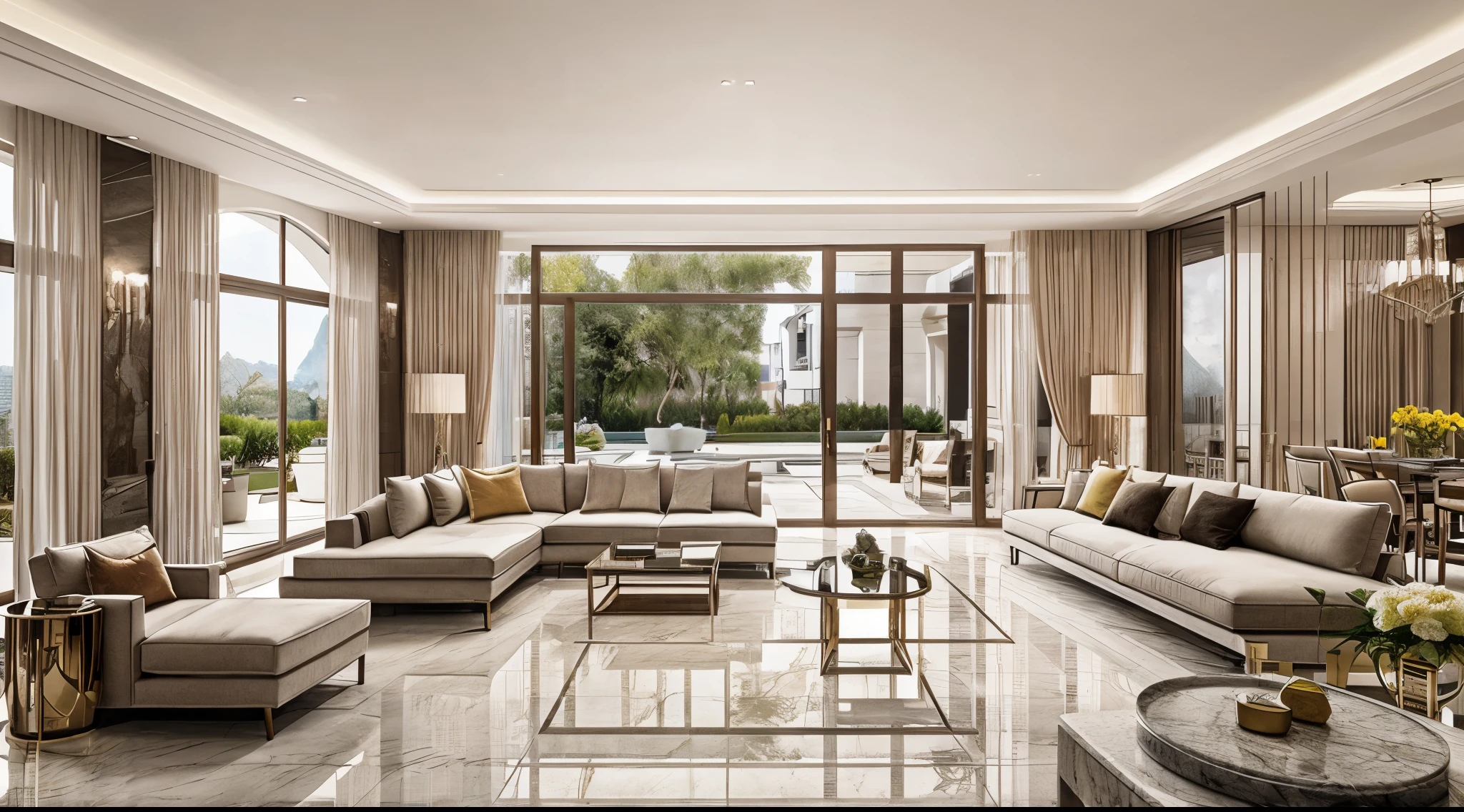 marble floor, luxury interior, Modern contemporary living room with sunlight, luxury villa, round sofa, a coffee table, flower pot, folding door, Carpet, luxury apartment, cushion, realistic interior, high quality, flower pot