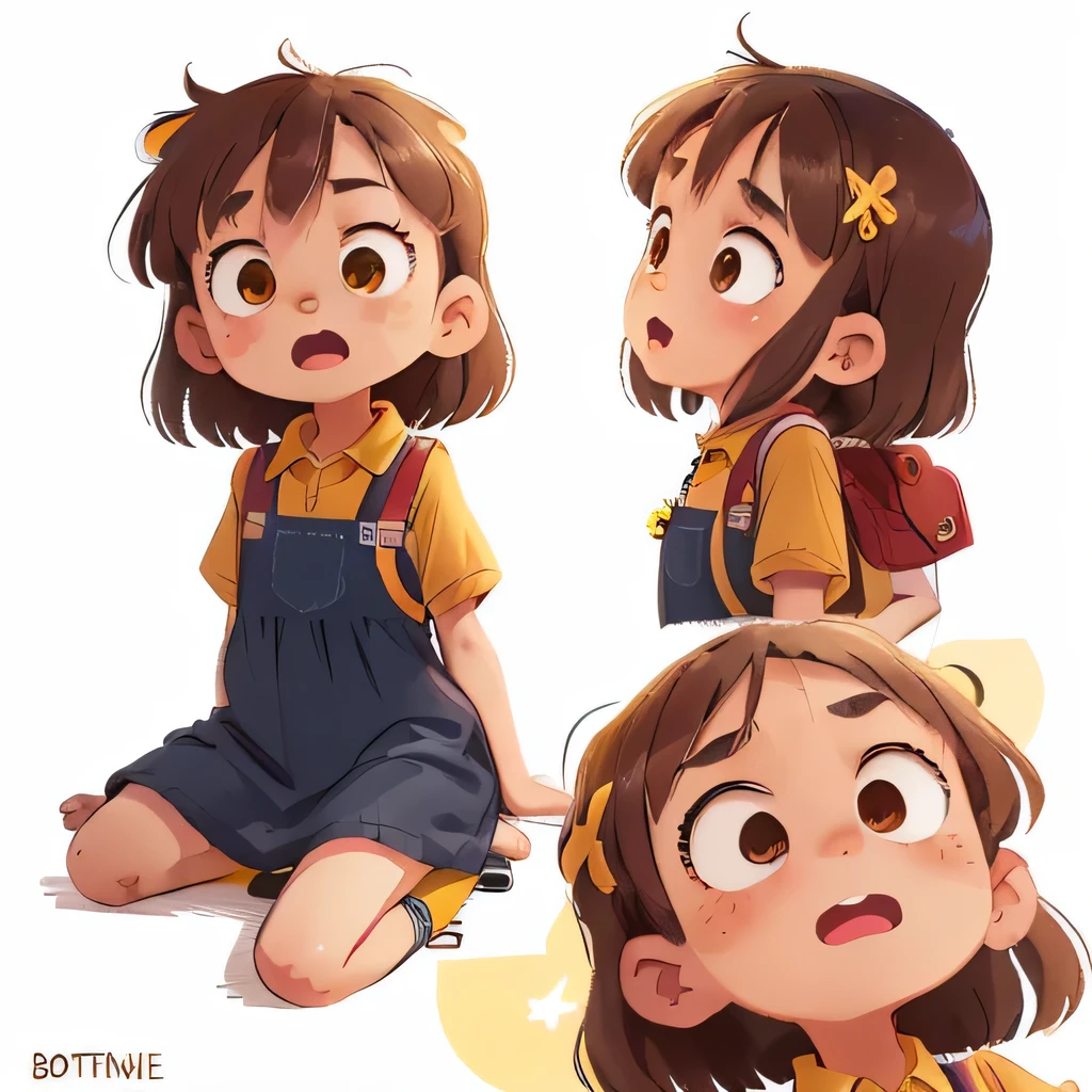 ((character design sheet, same character, front, side, back)), illustration, illustration, landscape, landscape, close-up, perfect quality, has clear focus (master piece: 1.2), different expressions (1.3), panicking, surprised, various expressions, happy, sad, angry, open mouth, shut up, disappointed 1, cute eyes, anthropomorphic styles,  sitting on the floor, a small 6 year old girl, full body, light skin, dark brown eyes, ((brown hair at neck height)), ((she is wearing a delicate dark blue dress with no prints underneath the yellow polo shirt dress)), red shoes, yellow socks and a red backpack, she is happy, adventurous, (Bokeh) (best quality) (detailed skin: 1.3) (intricate details) (8k) (eye detail) (sharp focus), white background, no background.