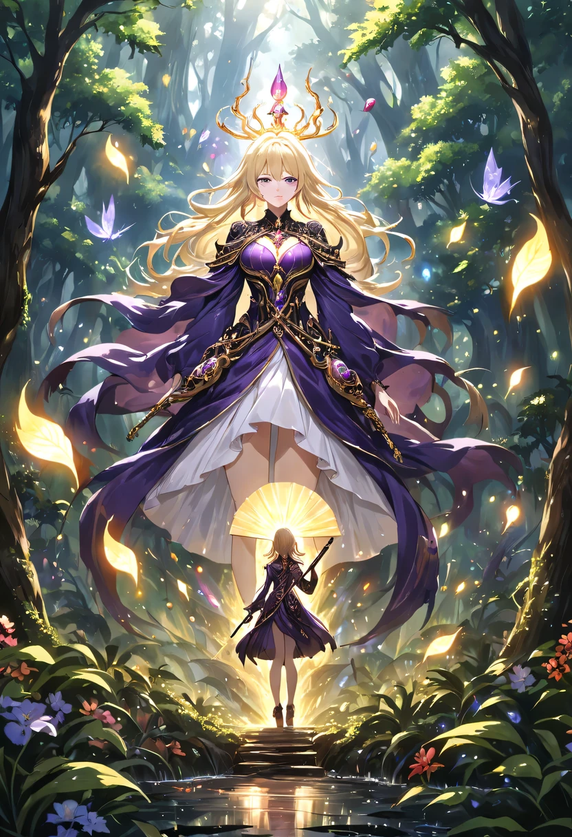 masterpiece,best quality,(Very detailed CG unified 8k wallpaper),(best quality),(Best Illustration),(best shadow),Very detailed pictures,entire character,photorealism,Surrealism,Girls casters,blonde,dark casters,Beautiful young conjurer wearing purple robe,Girl with purple eyes,beautiful figure painting,girl holding magic wand,It is decorated with unique carvings and precious stones, Represents the power and skill of the witch,Guwitz,Guwitz-style artwork,White-haired God,Yang Jian,Epic and beautiful character art,Stunning character art,Fan Qi,Wu Zhun Shifan,Guwitz on pixiv art site,Glowing Elves,森林主题中的natural elements。mysterious forest,Beautiful forest,Great outdoor activities,Surrounded by flowers,精致的树叶和branch被firefly包围(natural elements),(jungle theme),(leaf),(branch),(firefly),(particle effect)and other 3D, octane rendering,Ray tracing,super detailed