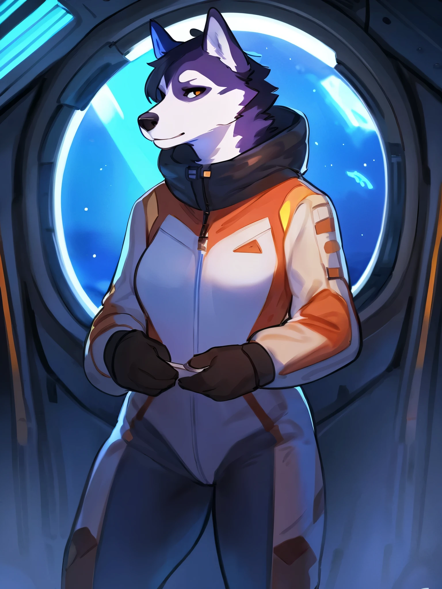 by bebebebebe, by lostgoose, by goonie-san, solo, female, standing, ((snout, hair, siberian husky)), detailed spacesuit, spaceship, space, window, detailed eyes