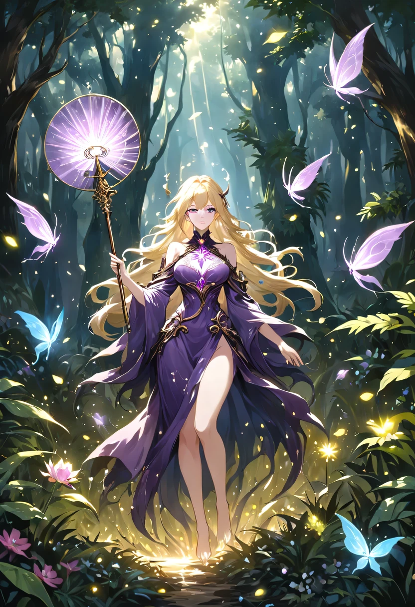 masterpiece,best quality,(Very detailed CG unified 8k wallpaper),(best quality),(Best Illustration),(best shadow),Very detailed pictures,entire character,photorealism,Surrealism,Girls casters,blonde,dark casters,Beautiful young conjurer wearing purple robe,Girl with purple eyes,beautiful figure painting,girl holding magic wand,It is decorated with unique carvings and precious stones, Represents the power and skill of the witch,Guwitz,Guwitz-style artwork,White-haired God,Yang Jian,Epic and beautiful character art,Stunning character art,Fan Qi,Wu Zhun Shifan,Guwitz on pixiv art site,Glowing Elves,森林主题中的natural elements。mysterious forest,Beautiful forest,Great outdoor activities,Surrounded by flowers,精致的树叶和branch被firefly包围(natural elements),(jungle theme),(leaf),(branch),(firefly),(particle effect)and other 3D, octane rendering,Ray tracing,super detailed