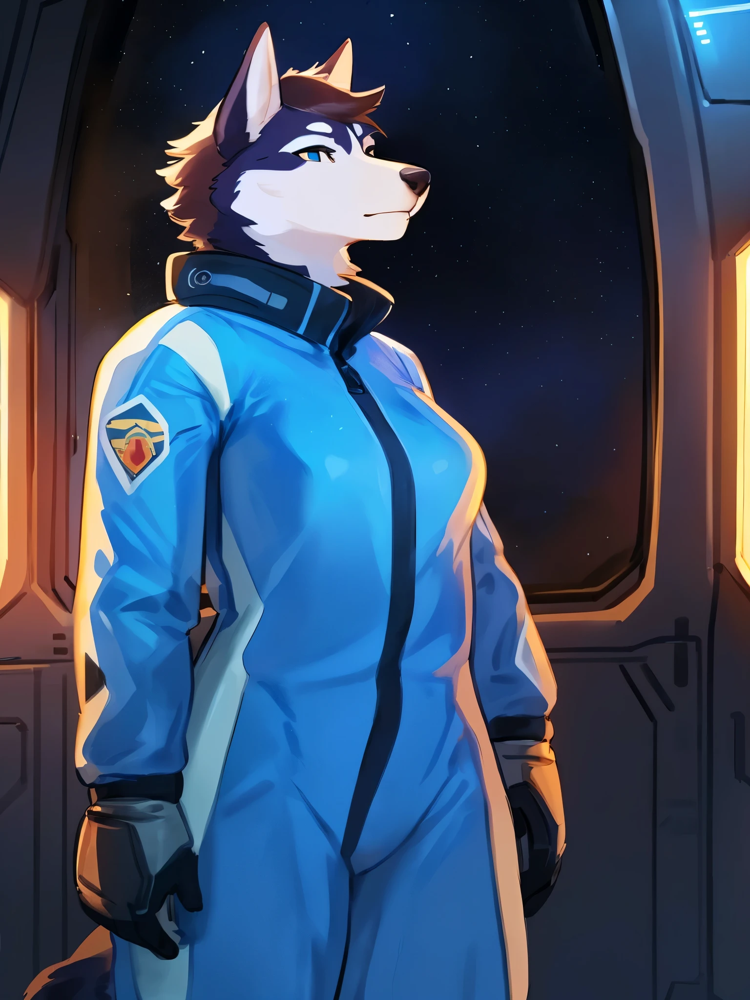 by bebebebebe, by lostgoose, by goonie-san, solo, female, standing, ((snout, hair, siberian husky)), detailed spacesuit, spaceship, space, window, detailed eyes