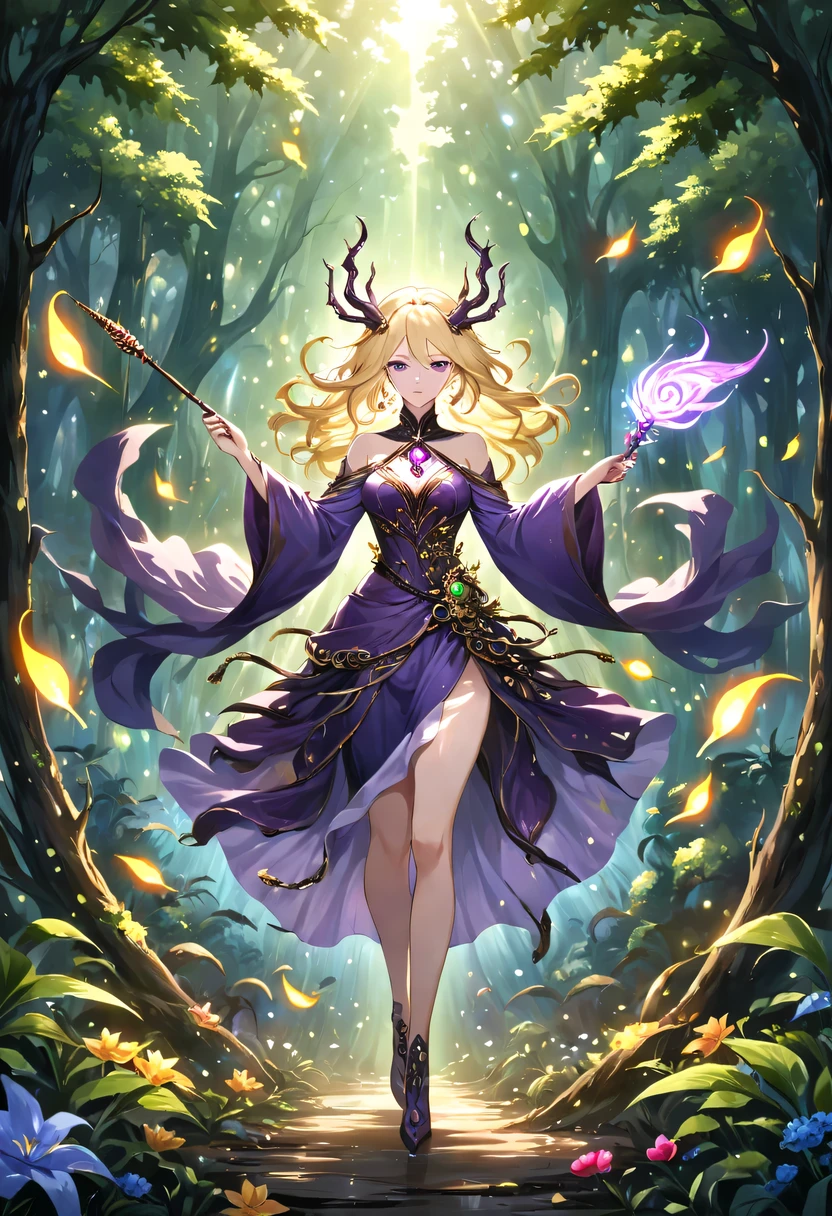 masterpiece，best quality，（Very detailed CG unified 8k wallpaper），（best quality），（Best Illustration），（best shadow），Very detailed pictures，entire character，photorealism，Surrealism，Girls casters，blonde，dark casters，Beautiful young conjurer wearing purple robe，Girl with purple eyes，beautiful figure painting，girl holding magic wand，It is decorated with unique carvings and precious stones, Represents the power and skill of the witch,Guwitz，Guwitz-style artwork，White-haired God，Yang Jian，Epic and beautiful character art，Stunning character art，Fan Qi，Wu Zhun Shifan，Guwitz on pixiv art site，Glowing Elves，森林主题中的natural elements。mysterious forest，Beautiful forest，Great outdoor activities，Surrounded by flowers，精致的树叶和branch被firefly包围（natural elements），（jungle theme），（leaf），（branch），（firefly），（particle effect）and other 3D， octane rendering，Ray tracing，super detailed