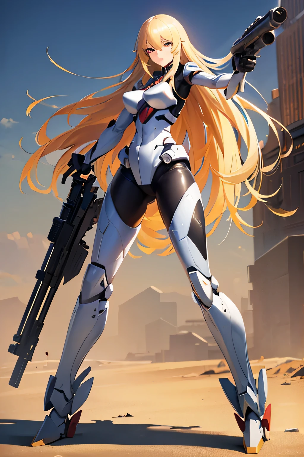 ((long legged woman)), ((long blonde hair)), ((sniper rifle)), ((aiming a gun)), ((mecha suit))