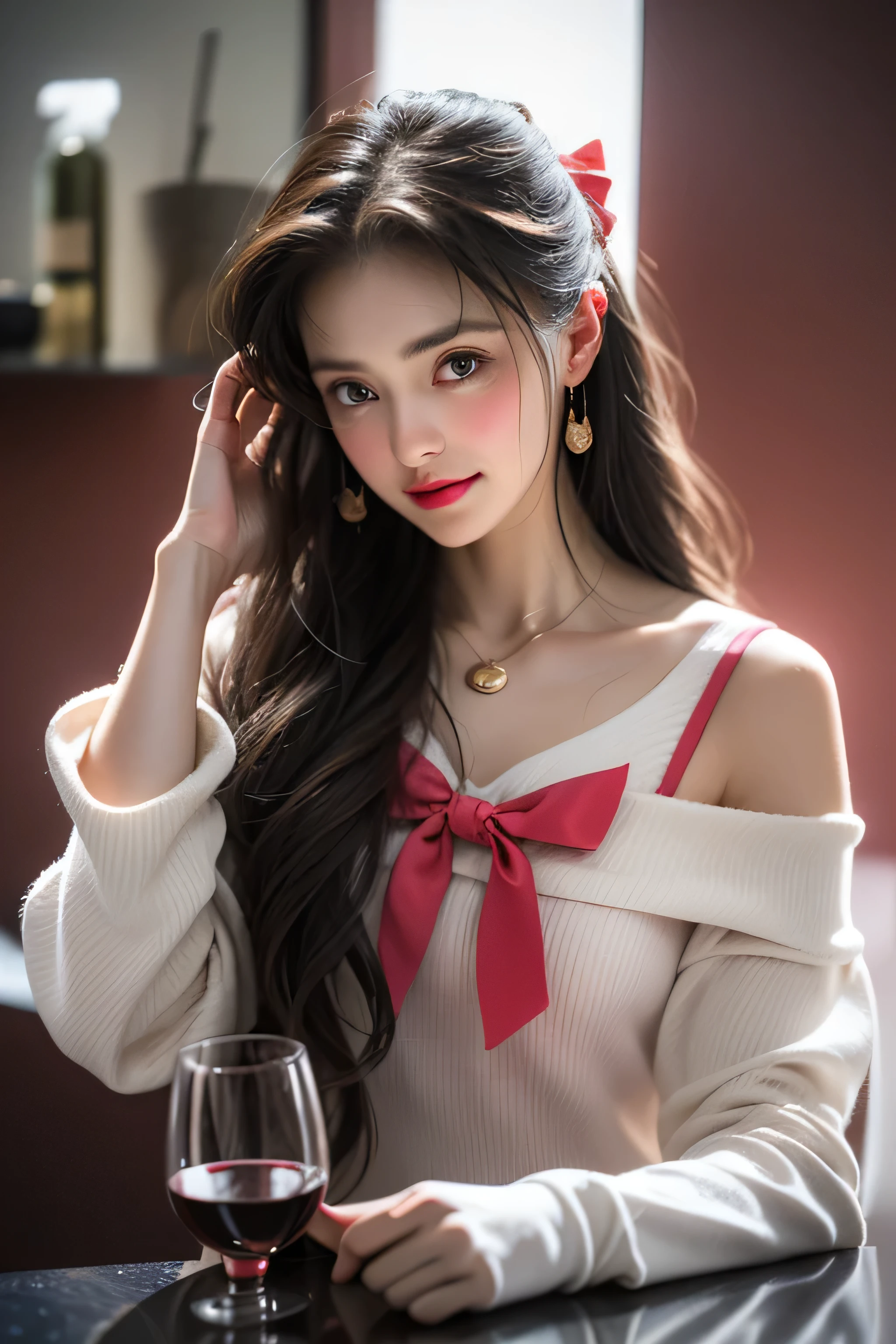 in the bathroom,Wet,charming eyes,Heartwarming action,Turn your face away from the camera,bent down,bend over,turn back,Look up at your head,thick long hair,highly detailed body,highly detailed face,highest quality,(off shoulder white blouse),(Loose red bow tie)、(pink good)、((Holding a wine glass in your hand)),(I can see pink panties)