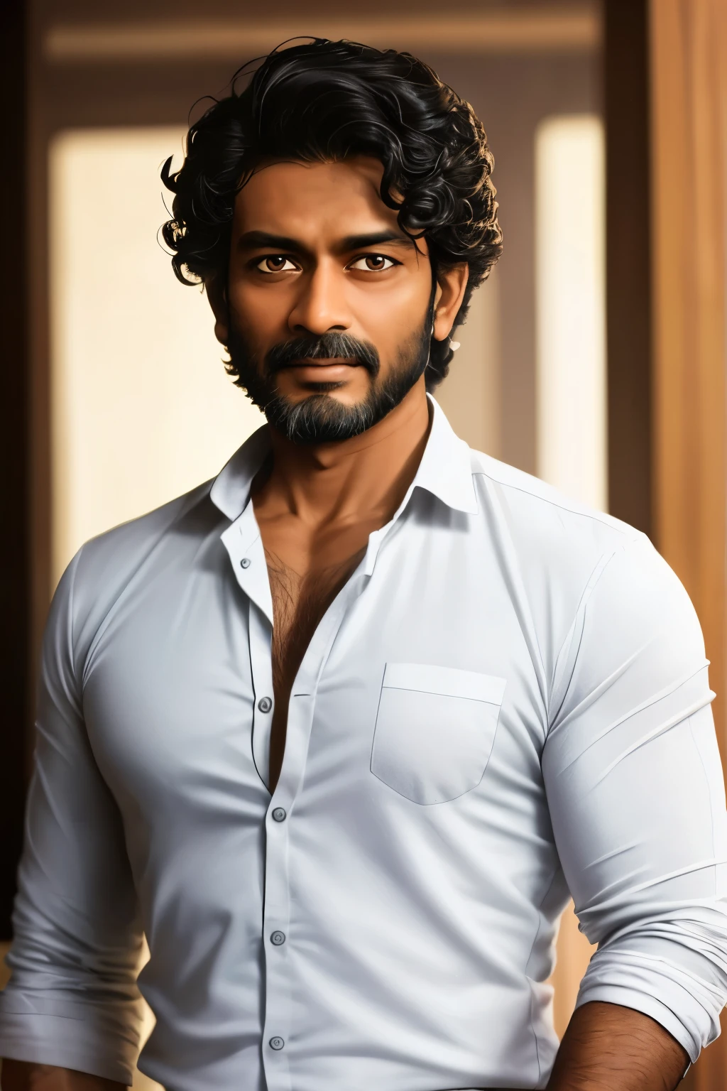A striking and intense portrait of Bangladeshi star Salman Shah, capturing his charisma and raw emotion. A 40-year-old man with chiseled features, ruggedly handsome, wearing a traditional Bangladeshi shirt and pants, exposing a subtle contour of his muscular torso. His deeply set, intense brown eyes are filled with passion and determination, framed by thick, curly black hair and a short, scruffy beard. The background is simple and minimalistic, allowing the focus to be on his captivating face. High definition, hyperrealistic, realistic, photorealistic, high resolution, HDR photography, Bangladeshi cinema, Bollywood,
