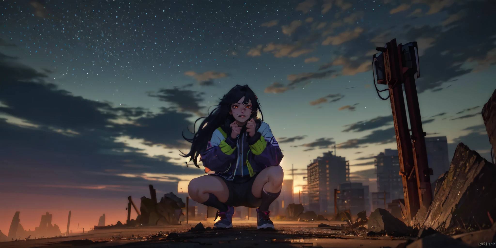 (dark-puprle hair, long hair:1.6), purple eyes, 1girl, cloud, sky, solo, shoes, jacket, gym_shirt, track_jacket, shirt, looking_at_viewer, shorts, outdoors, black_legwear, skirt, closed_mouth, star_(sky), socks, squatting, gym_uniform, starry_sky, open_jacket, cloudy_sky, night, ribbon, glow effects, godrays, Hand drawn, render, 8k, octane render, cinema 4d, blender, dark, atmospheric 4k ultra detailed, cinematic, Sharp focus, big depth of field, Masterpiece, colors, 3d octane render, 4k, concept art, trending on artstation, hyperrealistic, Vivid colors, extremely detailed CG unity 8k wallpaper, trending on CGSociety, Intricate, High Detail, dramatic, cyberpunk art