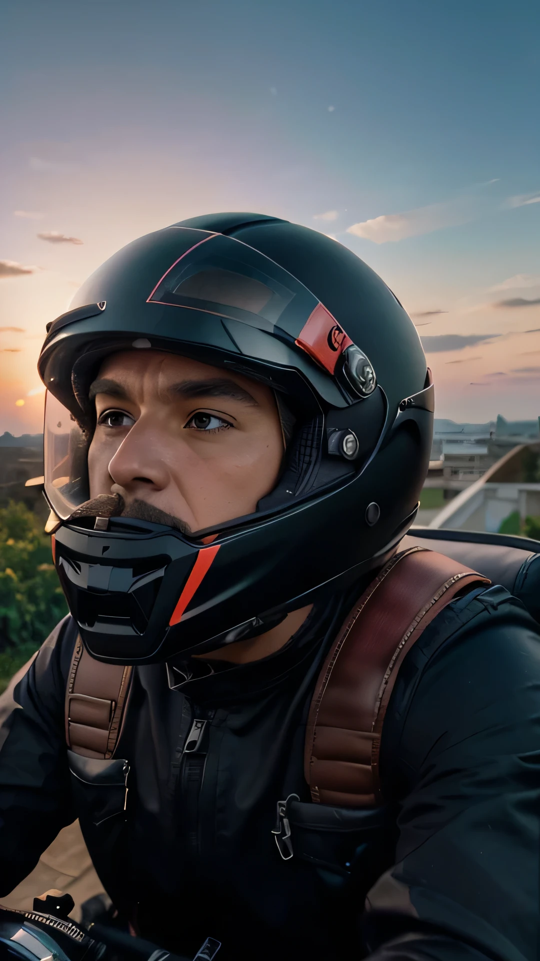 a selfie of a man wearing a medium-sized motorcycle riding an AGV helmet. the helmet is a matte black color with some red stripes and designs. the helmet has to have a reflective visor. the visor has a reflection of the sky.. the visor is closed. no face is shown. the background is an evening sky where the sun is setting. the colors of the sky are purple pink and orange. there are clouds in the sky. highly detailed, with perfect facial features, Fujifilm XT3, bright day, beautiful lighting, RAW photo, 8k, and film grain.,photorealistic