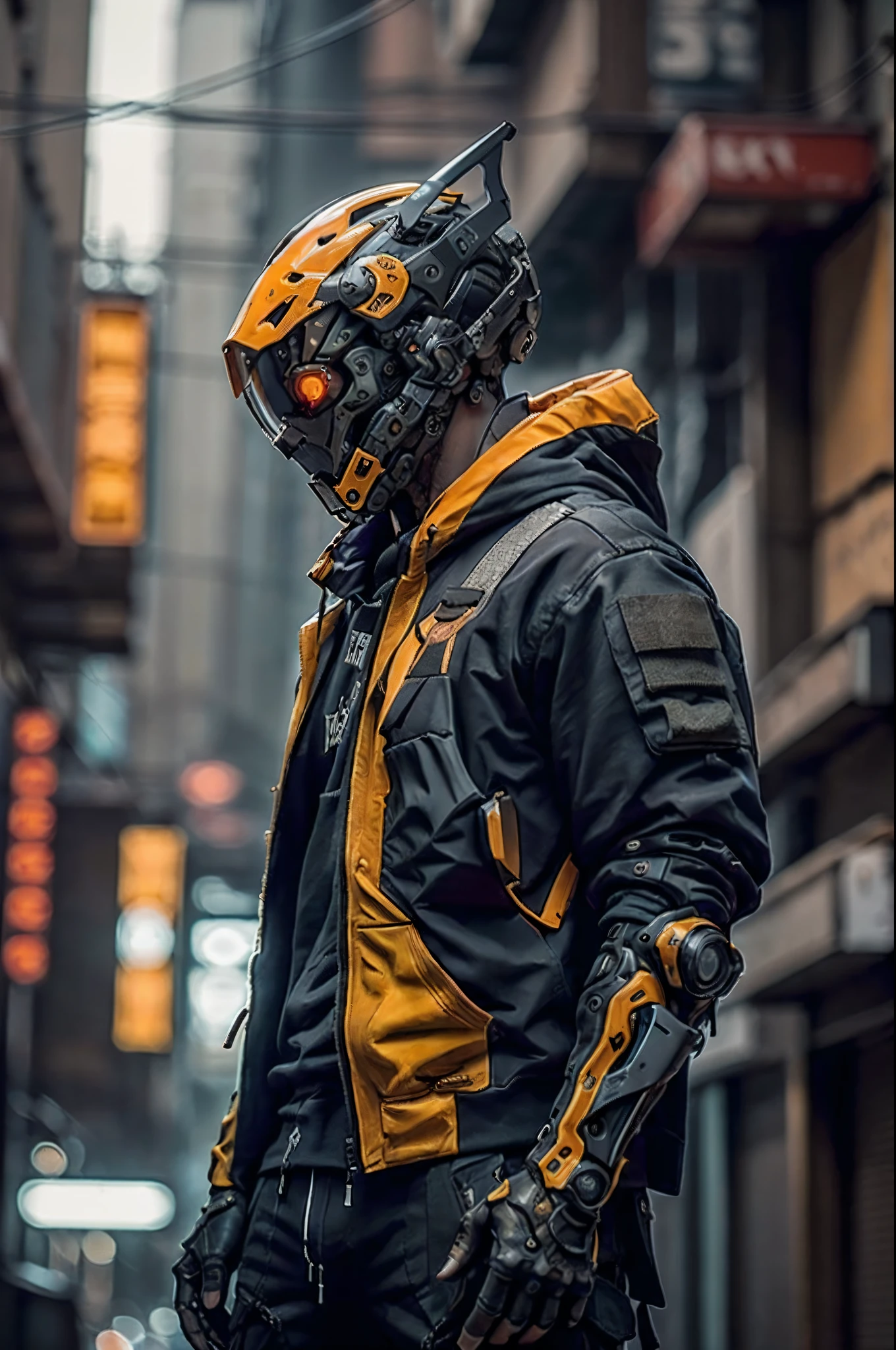 (obra maestra, plano de cuerpo completo, Intricate raw photography)Ciudadano cyberpunk, Oversized extra asymmetrical black hoodie, pantalones cargo negros, ropa negra, oscura, tactical gloves, el lleva puesto un cyberhelmet futurista color negro de alta tecnologia muy intrincado, ambiente oscuro, dramatico, luz y sombra, ((Kinematic, Black neon,)) action film, nitidez, neon-noir ciudad moderna, street neon lights, calle oscura, noche, foto de Insta, Photo of the Year, Epic depth field, Epic resolution, Epic Quality, Epic sharpness, Intrincada epopeya,urban techwear,Reelmech