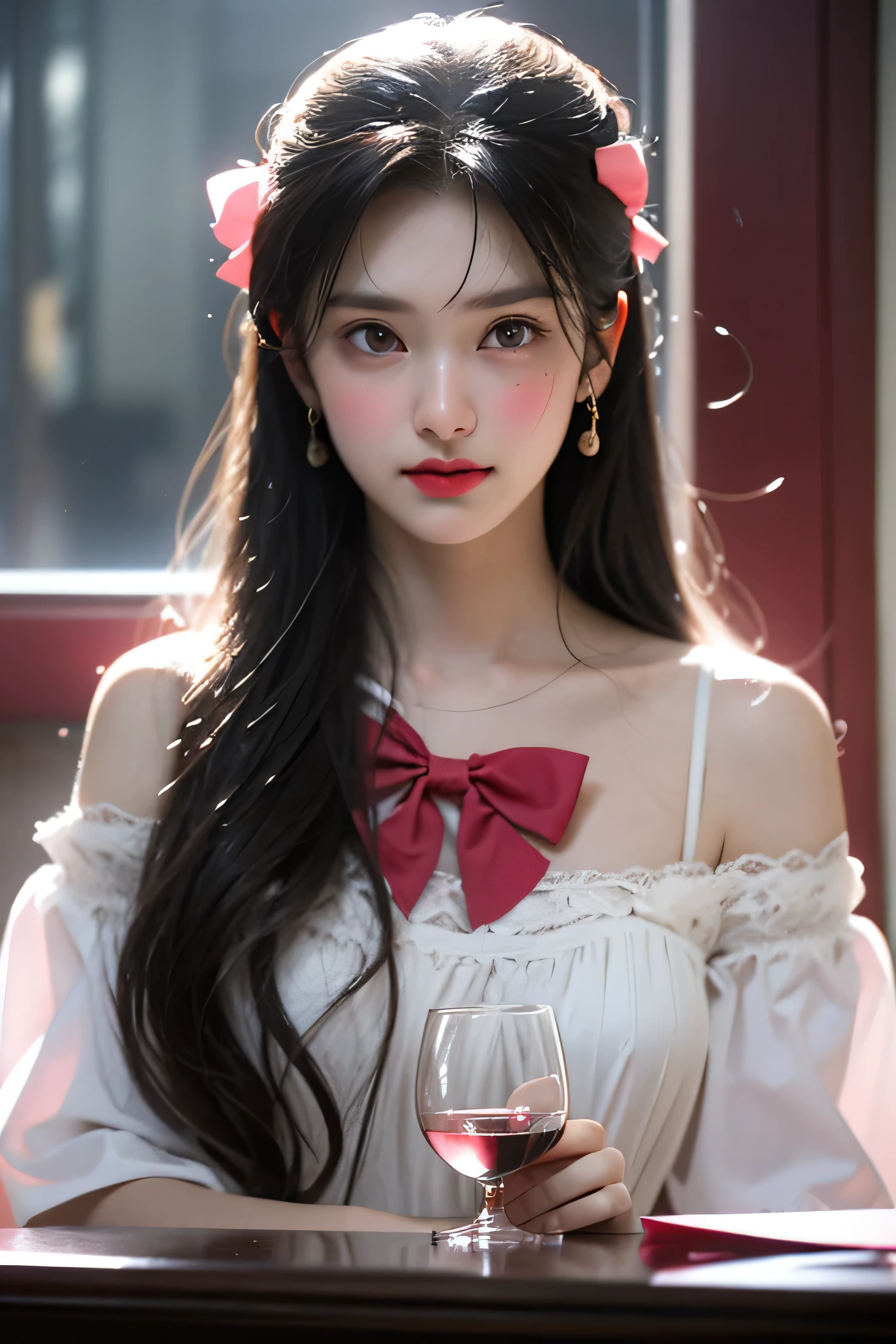 in the bathroom,Wet,charming eyes,Heartwarming action,Turn your face away from the camera,bent down,bend over,turn back,Look up at your head,thick long hair,highly detailed body,highly detailed face,highest quality,(off shoulder white blouse),(Loose red bow tie)、(pink good)、((Holding a wine glass in your hand)),(I can see pink panties)