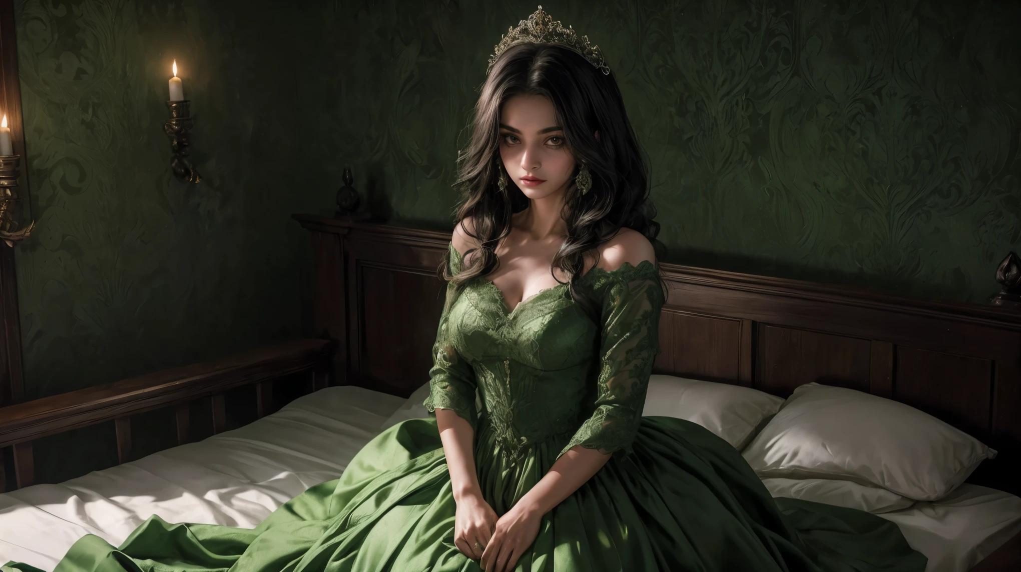 (1 garota branca com cabelo loiro de olhos verdes, vestida com um vestido preto, deitada em uma cama, in a scary dark setting with poor lighting, com velas, maximum quality, melhor qualidade, wallpaper 8k, ultra detalhes. 

