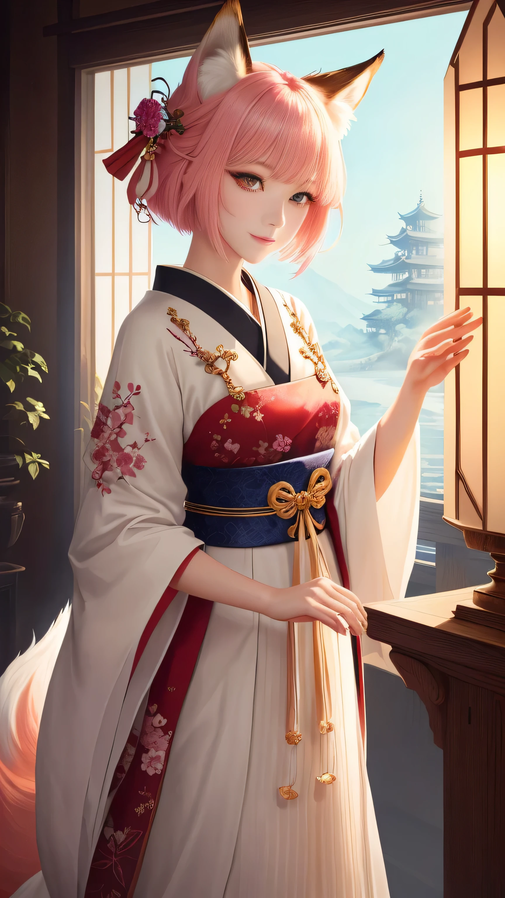 masterpiece , highest quality, close, masterpiece, beautiful short hair,20th generation,beautiful style,beautiful details, colorful, delicate details, delicate lips, intricate details, genuine, ultrargenuineista, 枝に座っている色とりどりの髪のFoxを持つ女の子:cute, light makeup, ,色とりどりのFox, Raposa the Nine Tails, 三尾Fox, 三尾Fox, Onmyoji detailed art, beautiful fine art illustration, mythical creatures, Fox, beautiful digital art,shrine maiden,japanese architecture,Holding hands,exquisite digital illustration, mizutsune, Inspired by mythical wild nest creatures, pixiv in digital art, dazzling light, high contrast, Mysterious,枝に座っている色とりどりの髪のFoxを持つ女の子,front,look at the camera