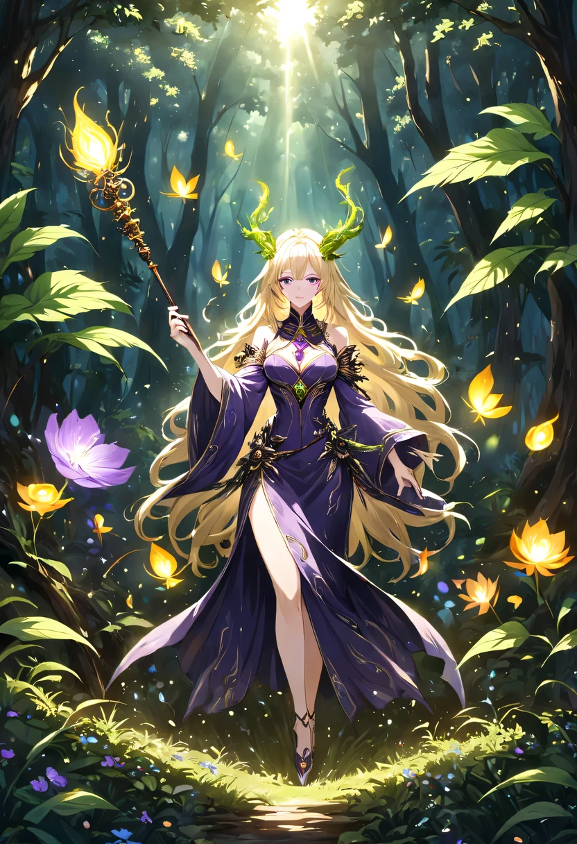 masterpiece,best quality,(Very detailed CG unified 8k wallpaper),(best quality),(Best Illustration),(best shadow),Very detailed pictures,entire character,photorealism,Surrealism,Girls casters,blonde,dark casters,Beautiful young conjurer wearing purple robe,Girl with purple eyes,beautiful figure painting,girl holding magic wand,It is decorated with unique carvings and precious stones, Represents the power and skill of the witch,Guwitz,Guwitz-style artwork,White-haired God,Yang Jian,Epic and beautiful character art,Stunning character art,Fan Qi,Wu Zhun Shifan,Guwitz on pixiv art site,Glowing Elves,森林主题中的natural elements。mysterious forest,Beautiful forest,Great outdoor activities,Surrounded by flowers,精致的树叶和branch被firefly包围(natural elements),(jungle theme),(leaf),(branch),(firefly),(particle effect)and other 3D, octane rendering,Ray tracing,super detailed