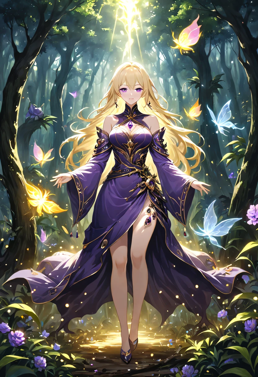 masterpiece，best quality，（Very detailed CG unified 8k wallpaper），（best quality），（Best Illustration），（best shadow），Very detailed pictures，entire character，photorealism，Surrealism，Girls casters，blonde，dark casters，Beautiful young conjurer wearing purple robe，Girl with purple eyes，beautiful figure painting，girl holding magic wand，It is decorated with unique carvings and precious stones, Represents the power and skill of the witch,Guwitz，Guwitz-style artwork，White-haired God，Yang Jian，Epic and beautiful character art，Stunning character art，Fan Qi，Wu Zhun Shifan，Guwitz on pixiv art site，Glowing Elves，森林主题中的natural elements。mysterious forest，Beautiful forest，Great outdoor activities，Surrounded by flowers，精致的树叶和branch被firefly包围（natural elements），（jungle theme），（leaf），（branch），（firefly），（particle effect）and other 3D， octane rendering，Ray tracing，super detailed