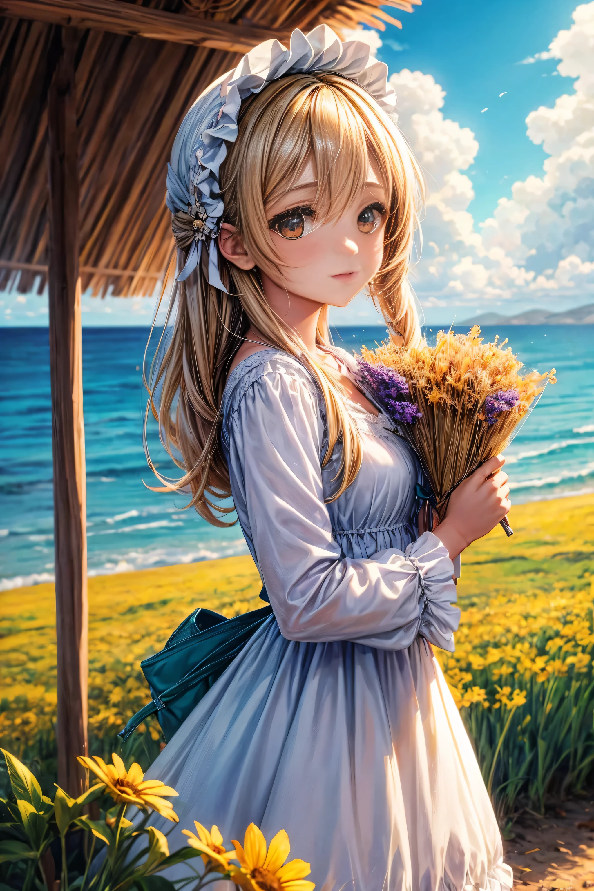 Uma garota anime em um campo de arroz, com o sol se pondo ao fundo, painting the sky with warm tones