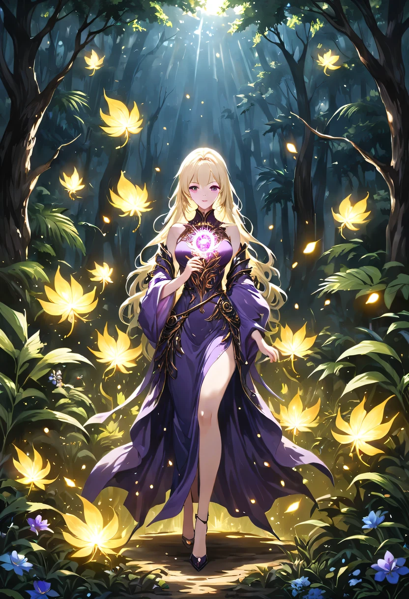 masterpiece，best quality，（Very detailed CG unified 8k wallpaper），（best quality），（Best Illustration），（best shadow），Very detailed pictures，entire character，photorealism，Surrealism，Girls casters，blonde，dark casters，Beautiful young conjurer wearing purple robe，Girl with purple eyes，beautiful figure painting，girl holding magic wand，It is decorated with unique carvings and precious stones, Represents the power and skill of the witch,Guwitz，Guwitz-style artwork，White-haired God，Yang Jian，Epic and beautiful character art，Stunning character art，Fan Qi，Wu Zhun Shifan，Guwitz on pixiv art site，Glowing Elves，森林主题中的natural elements。mysterious forest，Beautiful forest，Great outdoor activities，Surrounded by flowers，精致的树叶和branch被firefly包围（natural elements），（jungle theme），（leaf），（branch），（firefly），（particle effect）and other 3D， octane rendering，Ray tracing，super detailed