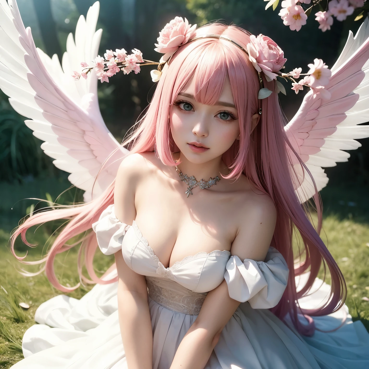 Close up portrait of woman with pink hair and white dress, of an beautiful angel girl, beautiful fantasy anime, beautiful angel, of beautiful angel, beautiful fairy, anime goddess, beautiful adult fairy, fantastic fantasy, fairy core, beautiful female angel, beautiful anime style, beautiful anime girl, anime girl cosplay, fantasy style anime, fairy aesthetics, angel girl