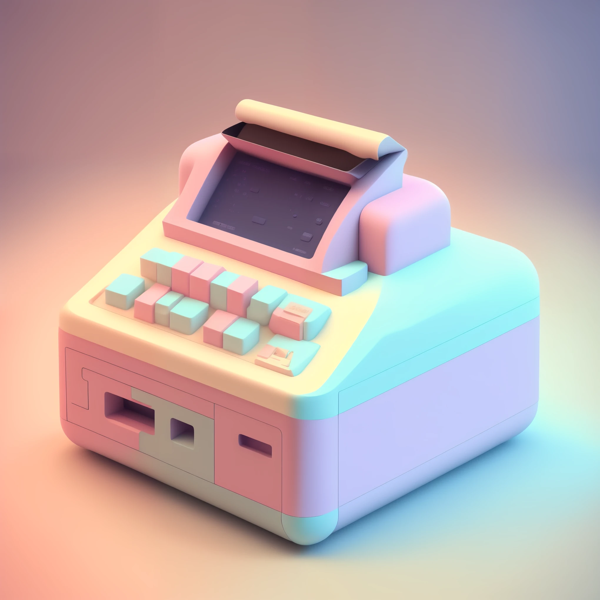 Tiny cute isometric little cash register printing receipt, soft lighting, soft pastel colors, 3d icon clay render, blender 3d, pastel background, physically vased rendering,