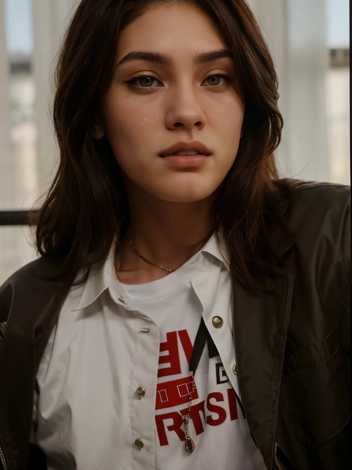 arafed man with long dark brown hair wearing a brown jacket and a white shirt, tommy 1 6 , xqc, steven jung, curtain bangs, androgynous face, vitaly bugarov, giga chad crying, portrait of jossi of blackpink, 1 7 - year - oly thin e, vitaly bulgarov, cai xukun, strong jaw line, looks a bit like megan fox,