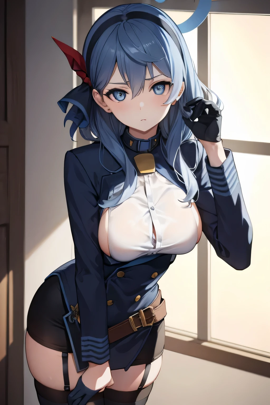 bluearchiveako, ako, blue eyes, blue hair, hair between eyes, halo, medium hair, sidelocks,
BREAK bell, belt collar, black gloves, black skirt, black thighhighs, garter straps, gloves, hairband, long sleeves, miniskirt, neck bell, pencil skirt, sideboob, skirt, thighhighs, zettai ryouiki,
BREAK looking at viewer, 
BREAK indoors, classroom,
BREAK (masterpiece:1.2), best quality, high resolution, unity 8k wallpaper, (illustration:0.8), (beautiful detailed eyes:1.6), extremely detailed face, perfect lighting, extremely detailed CG, (perfect hands, perfect anatomy),