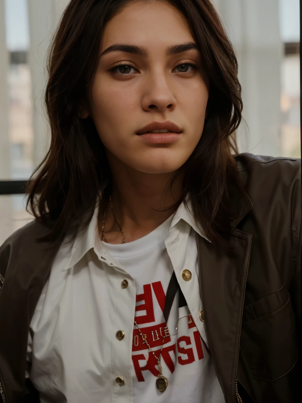 arafed man with long dark brown hair wearing a brown jacket and a white shirt, tommy 1 6 years old, xqc, steven jung, curtain bangs, androgynous face, vitaly bugarov, giga chad crying, portrait of jossi of blackpink, 1 7 - year - old boy thin face, vitaly bulgarov, cai xukun, strong jaw line, looks a bit like megan fox,