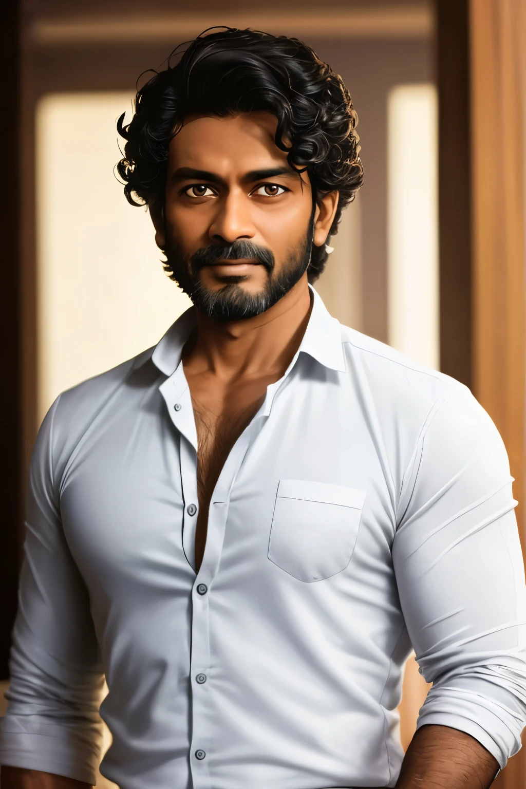 A striking and intense portrait of Bangladeshi star Salman Shah, capturing his charisma and raw emotion. A 40-year-old man with chiseled features, ruggedly handsome, wearing a traditional Bangladeshi shirt and pants, exposing a subtle contour of his muscular torso. His deeply set, intense brown eyes are filled with passion and determination, framed by thick, curly black hair and a short, scruffy beard. The background is simple and minimalistic, allowing the focus to be on his captivating face. High definition, hyperrealistic, realistic, photorealistic, high resolution, HDR photography, Bangladeshi cinema, Bollywood,
