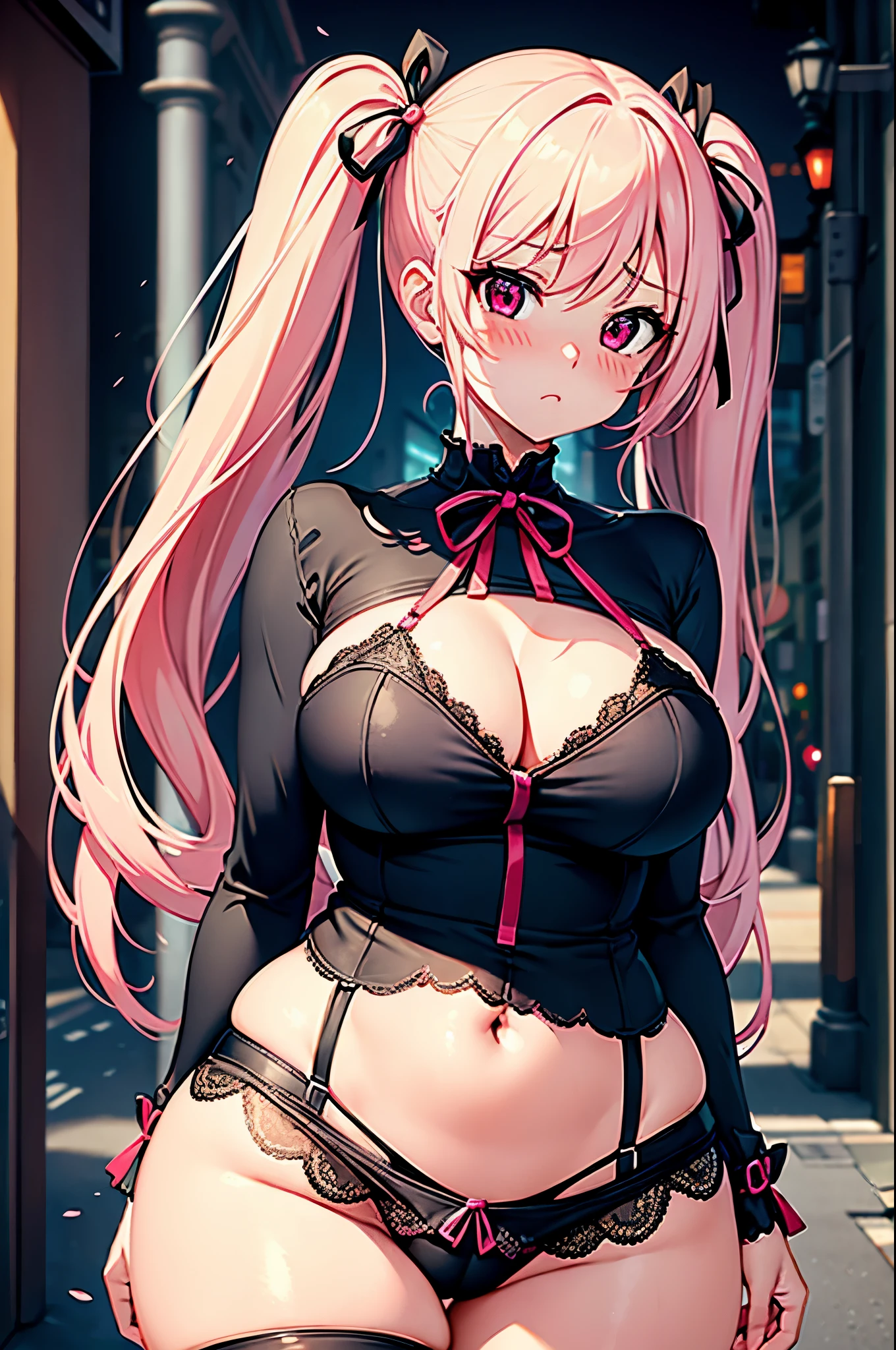 (masterpiece), best quality, expressive eyes, perfect face, perfect anatomy , long ribbons pink twintails, red eyes, cute blushy expression, large lifted breasts, short ghotic lace top, wide hips, thicc thighs, short gothic shirt, city streets background,