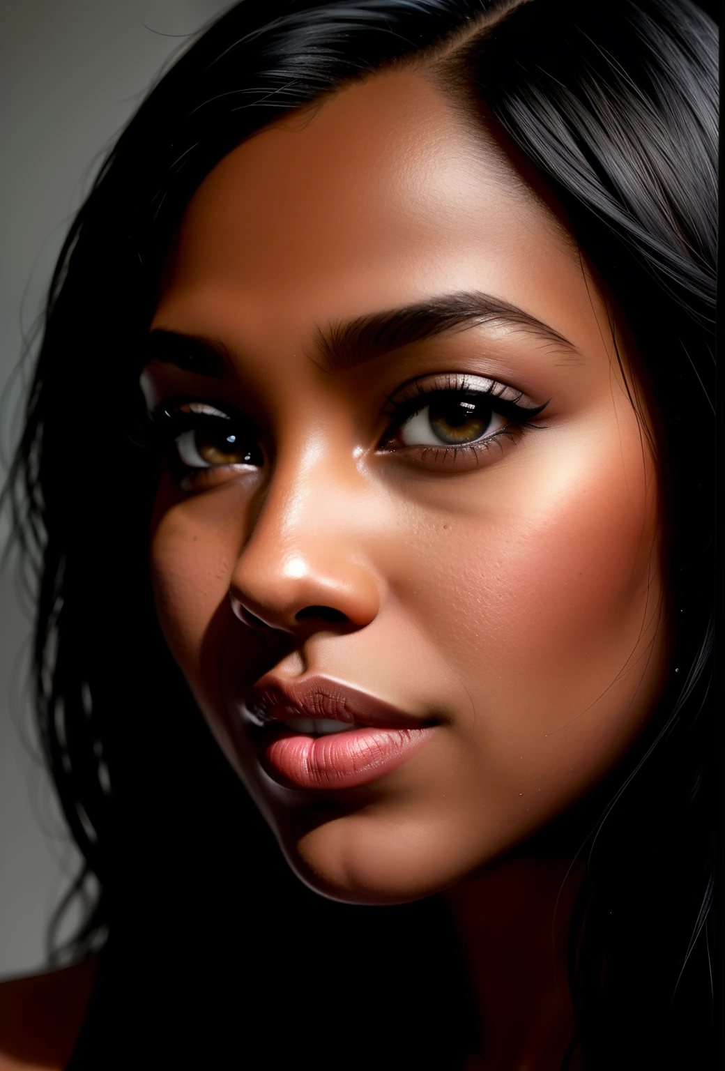 Blkmndy, aggression, flirting with the camera, textura natural da pele, hiper-realismo luz suave, close up foto retrato por Annie Leibovitz, filme, studio lighting, pele detalhada, ultra realista, Bokeh, sharp features