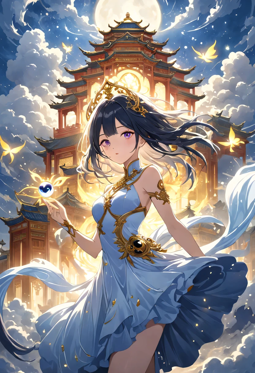 (Magical girl:1.8)，1 female，（violet dress），flowing tulle，Beautiful and elegant woman，Ride the majestic Phoenix，Soar into the clouds。The wind gently lifts her robe，as they gracefully move through the ethereal cloudscape，The sense of fLight is highLighted，((shrouded in mist)),A Song of Ice and Fire，official art，Very detailed，masterpiece，best quality，（Very detailed的CG统一8k壁纸），（best quality），（Best Illustration），（best shadow），Very detailed的图片，entire character，photorealism，Surrealism，young woman，Oval face，（delicate fingers），seductive eyes，Little mouth，flowing long black hair，thorn crown，（8k， The original， professional， best quality， masterpiece：1.2）， （realistically，realistically：1.37）， Super detailed， （portrait）， （Skin in the highest detail：1.2）， （Facial details are richest：1.2）， Light，((Oriental Palace))，(((The ancient Forbidden City)))，(The majestic Great Wall)，Magical oriental Taoist elements，Bagua patterns with magical powers，Tai Chi Yin Yang Fish Totem，((Taoist Tai Chi Yin Yang Bagua chart;1.2)),((Magnificent palace)),The palace is decorated with ice, Add visual drama to a scene. Capturing the beautiful combination of girly dance and wildness, Flying ice flowers, Evokes a sense of power, vitality, 以及大自然The original能量的美丽.Delicate character art in poetry，Stunning character art，Fan Qi，Wu Zhun Shifan，发Light精灵，宫殿theme的华丽元素。mysterious city，Beautiful village，Surrounded by flowers，巧妙地被firefly包围，（"town" theme），（leaf），（branch），（firefly），（particle effect）and other 3D， octane rendering，Light线追踪，super detailed