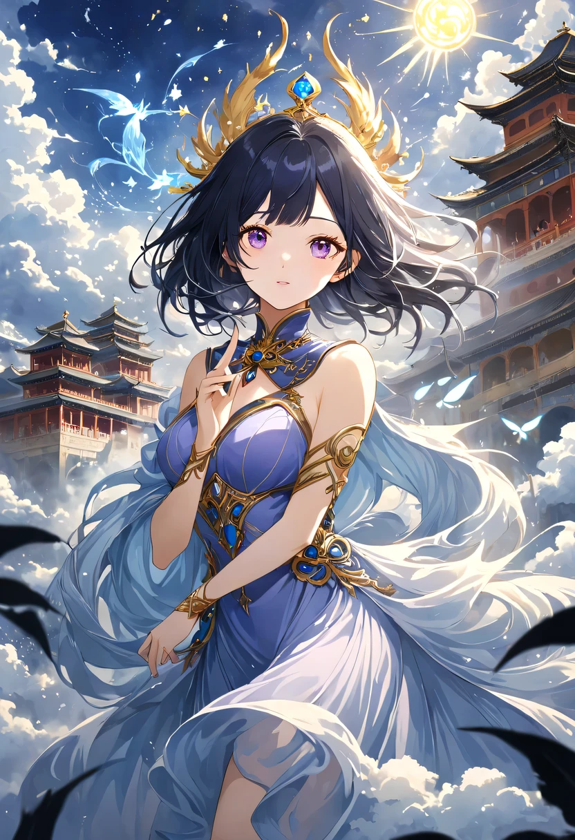 (Magical girl:1.8),1 female,(violet dress),flowing tulle,Beautiful and elegant woman,Ride the majestic Phoenix,Soar into the clouds。The wind gently lifts her robe,as they gracefully move through the ethereal cloudscape,The sense of fLight is highLighted,((shrouded in mist)),A Song of Ice and Fire,official art,Very detailed,masterpiece,best quality,(Very detailed的CG统一8k壁纸),(best quality),(Best Illustration),(best shadow),Very detailed的图片,entire character,photorealism,Surrealism,young woman,Oval face,(delicate fingers),seductive eyes,Little mouth,flowing long black hair,thorn crown,(8k, The original, professional, best quality, masterpiece:1.2), (realistically,realistically:1.37), Super detailed, (portrait), (Skin in the highest detail:1.2), (Facial details are richest:1.2), Light,((Oriental Palace)),(((The ancient Forbidden City))),(The majestic Great Wall),Magical oriental Taoist elements,Bagua patterns with magical powers,Tai Chi Yin Yang Fish Totem,((Taoist Tai Chi Yin Yang Bagua chart;1.2)),((Magnificent palace)),The palace is decorated with ice, Add visual drama to a scene. Capturing the beautiful combination of girly dance and wildness, Flying ice flowers, Evokes a sense of power, vitality, 以及大自然The original能量的美丽.Delicate character art in poetry,Stunning character art,Fan Qi,Wu Zhun Shifan,发Light精灵,宫殿theme的华丽元素。mysterious city,Beautiful village,Surrounded by flowers,巧妙地被firefly包围,("town" theme),(leaf),(branch),(firefly),(particle effect)and other 3D, octane rendering,Light线追踪,super detailed