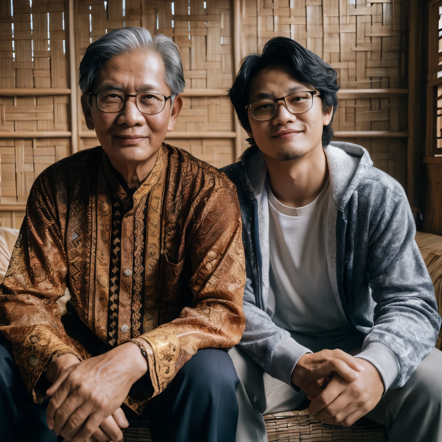 there are two asian men sitting on a couch together, an indonesian family portrait, portrait shot, barong family member, barong family, potrait, medium shot portrait, photo portrait, by Basuki Abdullah, portrait image, home photography portrait, taken at golden hour, mid shot portrait, full protrait, old and young, father, portrait of two people, portrait