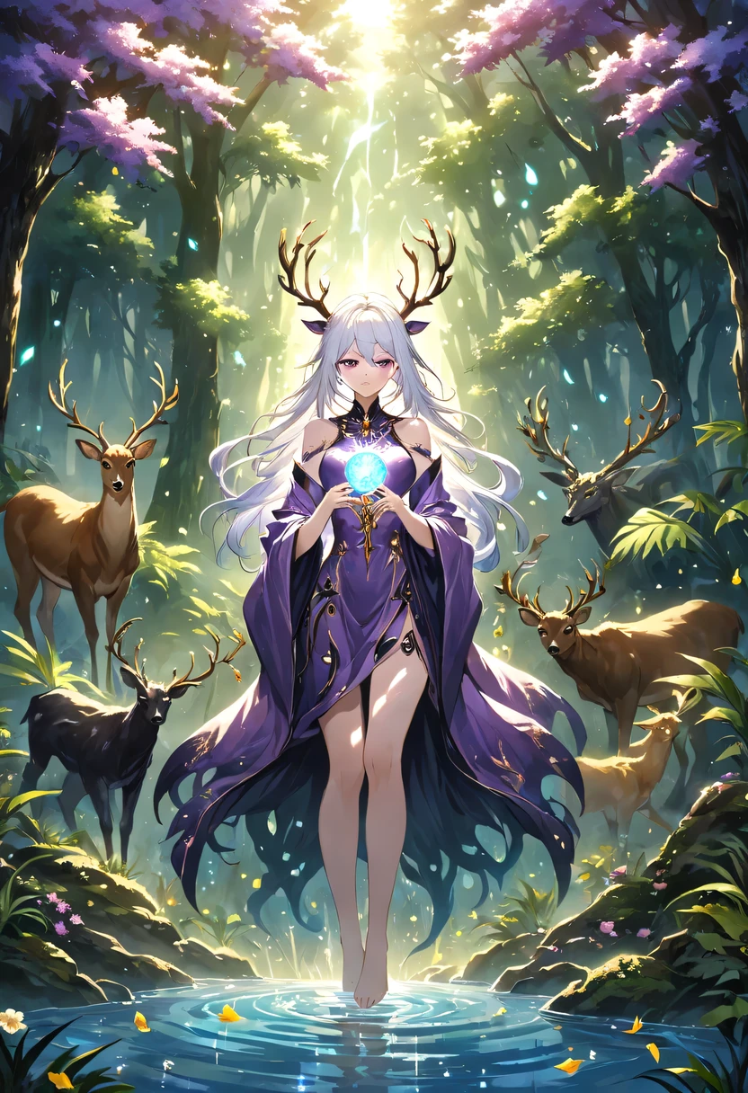 masterpiece,best quality,(Very detailed CG unified 8k wallpaper),(best quality),(Best Illustration),(best shadow),Very detailed pictures,entire character,photorealism,Surrealism,Girls casters,blonde,dark casters,Beautiful young conjurer wearing purple robe,Girl with purple eyes,beautiful figure painting,girl holding magic wand,It is decorated with unique carvings and precious stones, Represents the power and skill of the witch,Guwitz,Guwitz-style artwork,White-haired God,Yang Jian,Epic and beautiful character art,Stunning character art,Fan Qi,Wu Zhun Shifan,Guwitz on pixiv art site,Glowing Elves,There is a glowing deer,drink water in swimming pool,森林主题中的natural elements。mysterious forest,Beautiful forest,Great outdoor activities,Surrounded by flowers,精致的树叶和branch被firefly包围(natural elements),(jungle theme),(leaf),(branch),(firefly),(particle effect)and other 3D, octane rendering,Ray tracing,super detailed