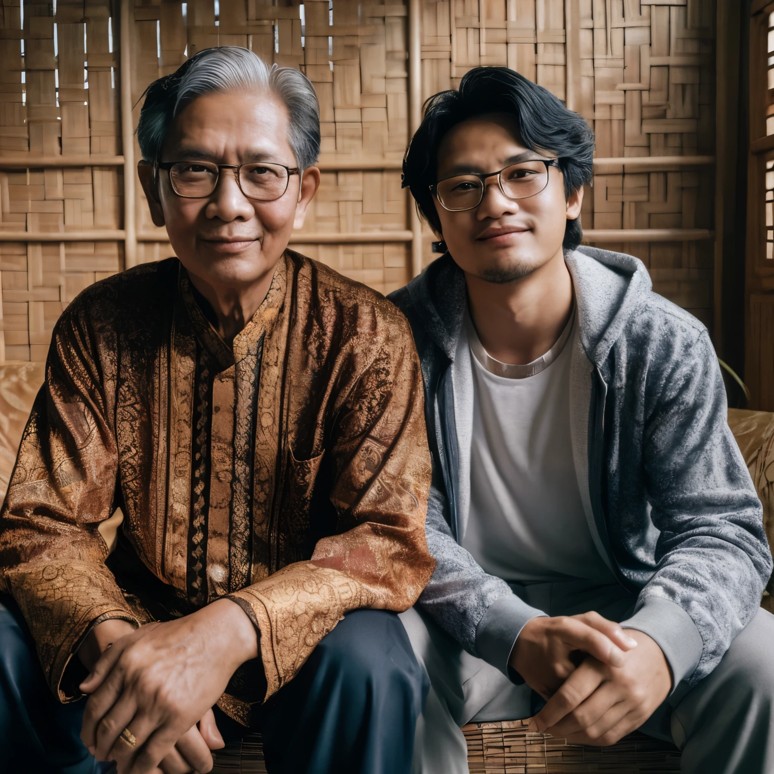there are two asian men sitting on a couch together, an indonesian family portrait, portrait shot, barong family member, barong family, potrait, medium shot portrait, photo portrait, by Basuki Abdullah, portrait image, home photography portrait, taken at golden hour, mid shot portrait, full protrait, old and young, father, portrait of two people, portrait