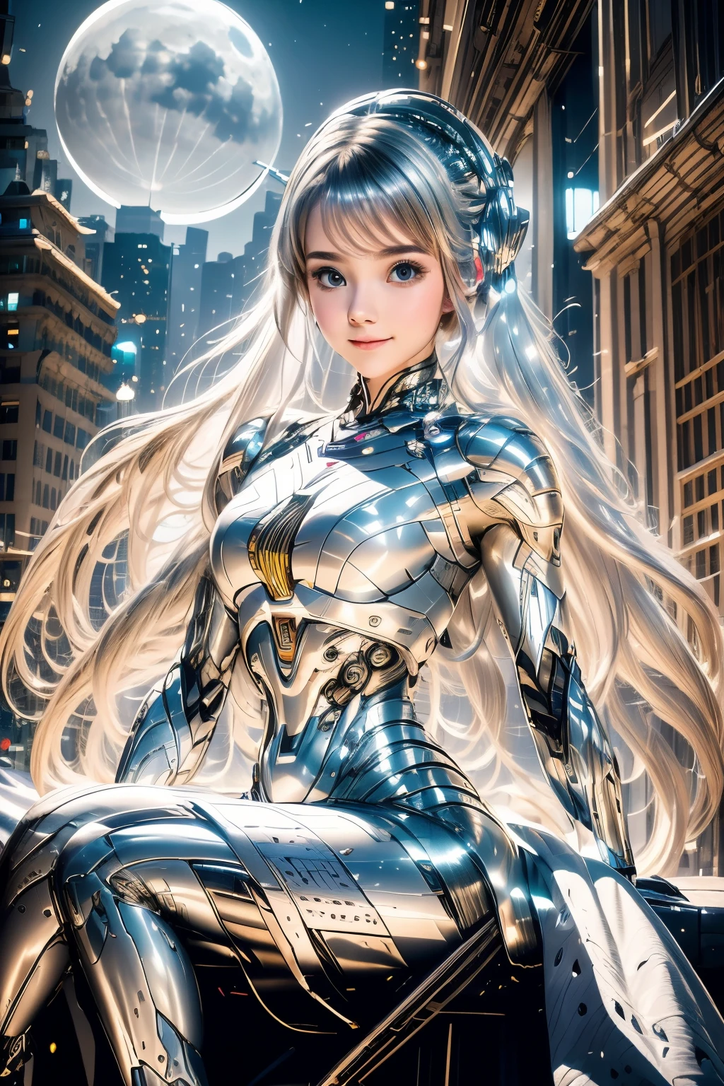 real life photo, super impresive realistic photo quality, realistic luxury girl,photo of a beautiful girl, youth-inspired futuristic full-body ivory futuristic lightning armor with intricate patterns and cutouts. The armor has a smooth synthetic and metallic texture, predominantly white and gold, with a slight metallic sheen, sitting on a dreamy clouds beside which there are -river-luminescent moon-auror and old European buildings backdrop, smiling at viewers, pablo Picasso