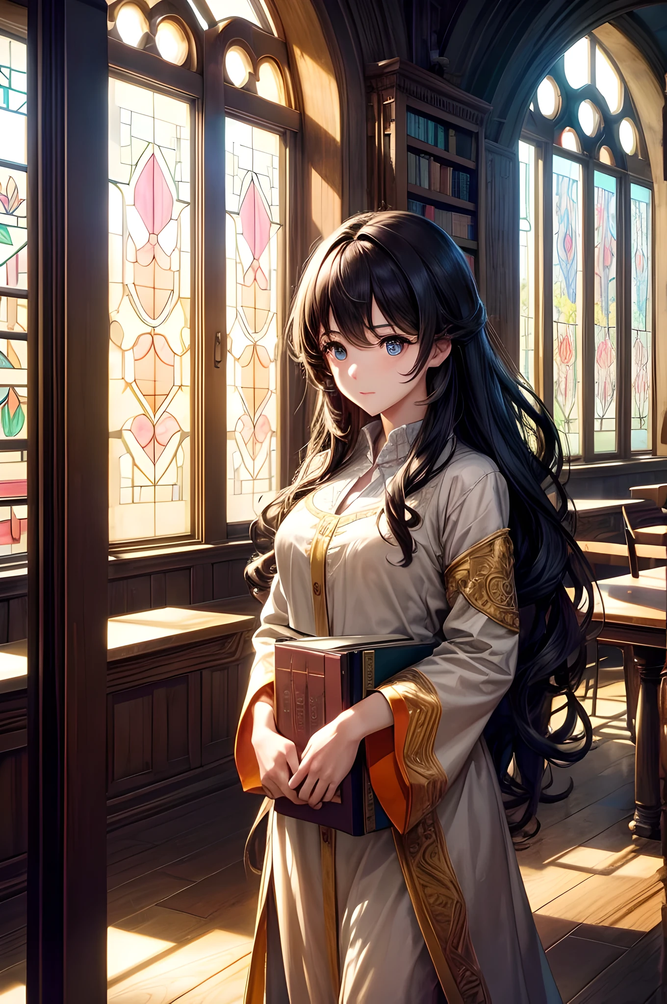 "(melhor qualidade,4k,8k,high resolution,obra de arte:1.2),ultra-detalhado,realista:1.37,garota anime colorida em uma biblioteca antiga, cercado por livros empoeirados em uma estante alta,cores vivas,soft lighting,estilo anime,olhos detalhados,Cabelo ondulado longo,focused expression,prateleiras de madeira antigas com esculturas complexas,table full of books nearby,soft sunlight streaming through stained glass windows,atmosfera tranquila e serena"