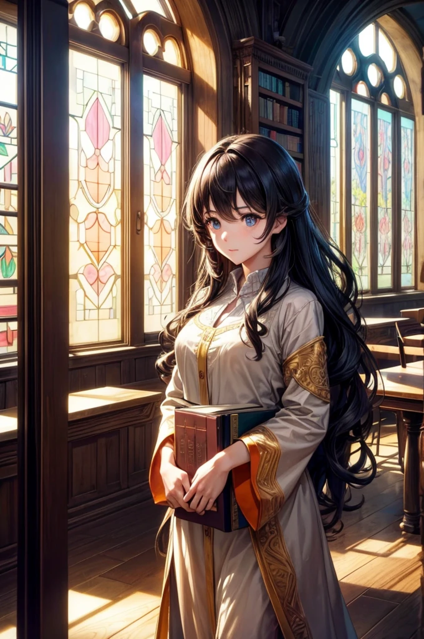 "(melhor qualidade,4k,8k,high resolution,obra de arte:1.2),ultra-detalhado,realista:1.37,garota anime colorida em uma biblioteca antiga, cercado por livros empoeirados em uma estante alta,cores vivas,soft lighting,estilo anime,olhos detalhados,Cabelo ondulado longo,focused expression,prateleiras de madeira antigas com esculturas complexas,table full of books nearby,soft sunlight streaming through stained glass windows,atmosfera tranquila e serena"